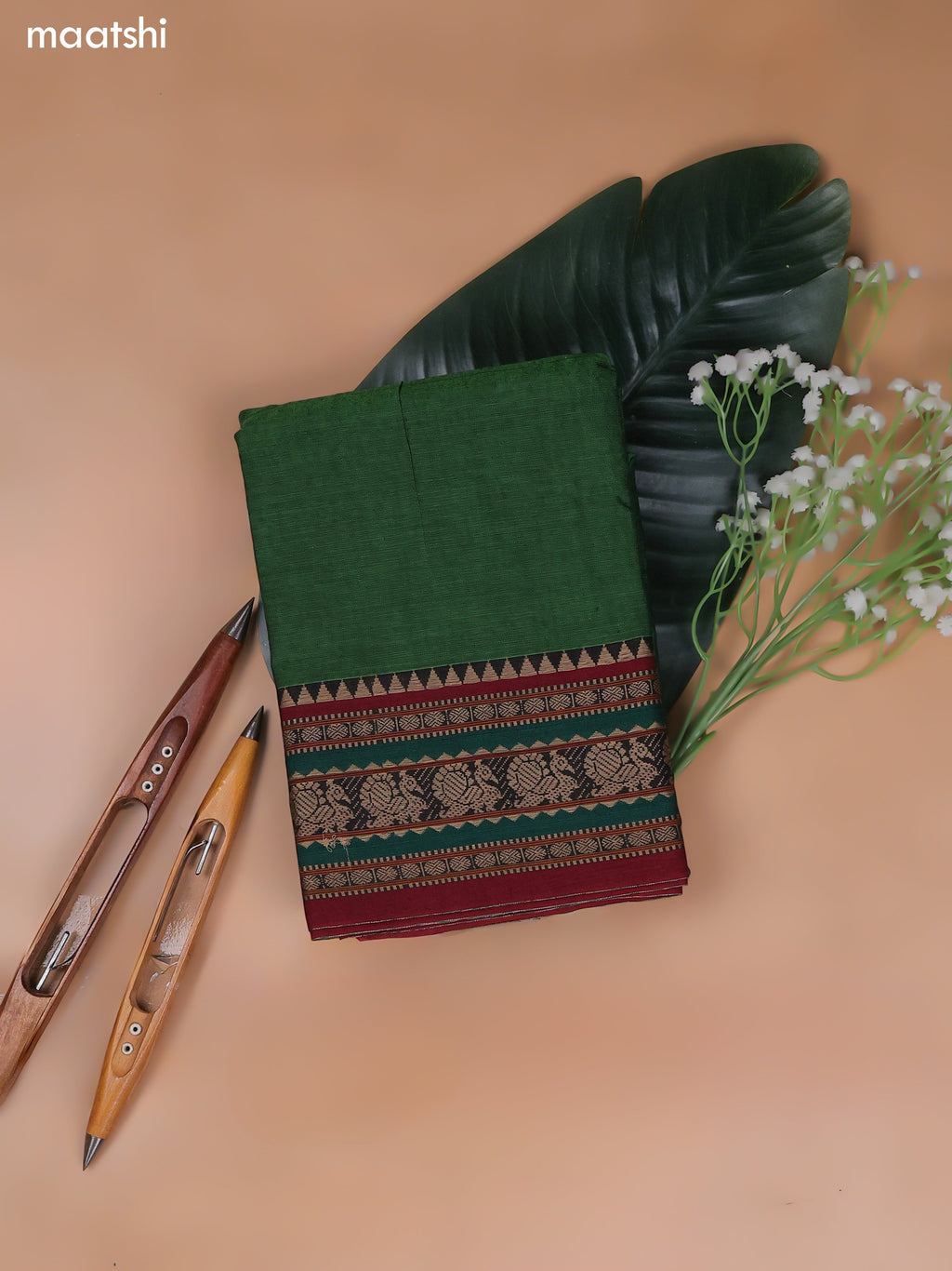 Green Narayanpet Cotton Dress Material With Plain Body and Running Bottom & Duppata