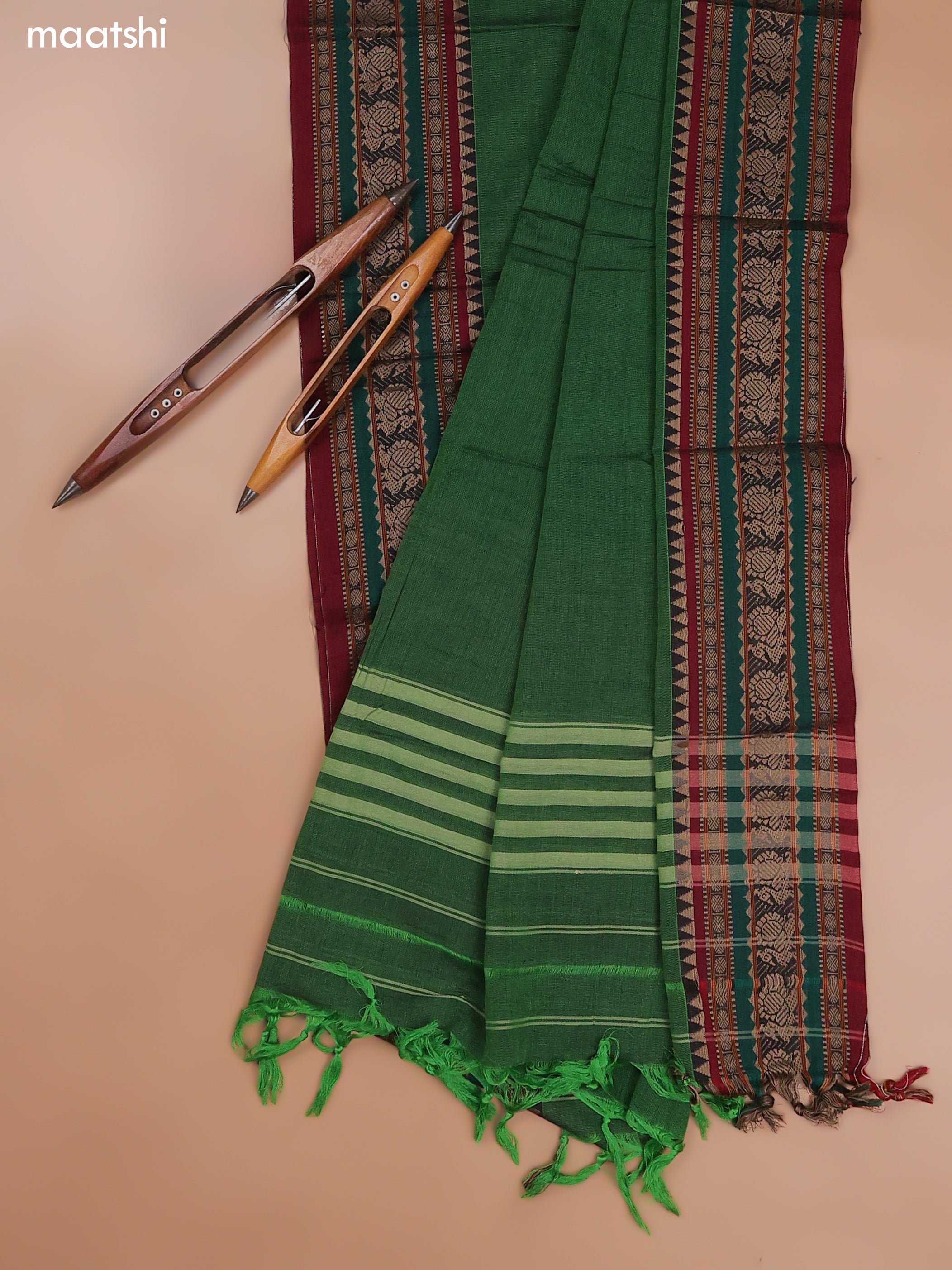 Green Narayanpet Cotton Dress Material With Plain Body and Running Bottom & Duppata