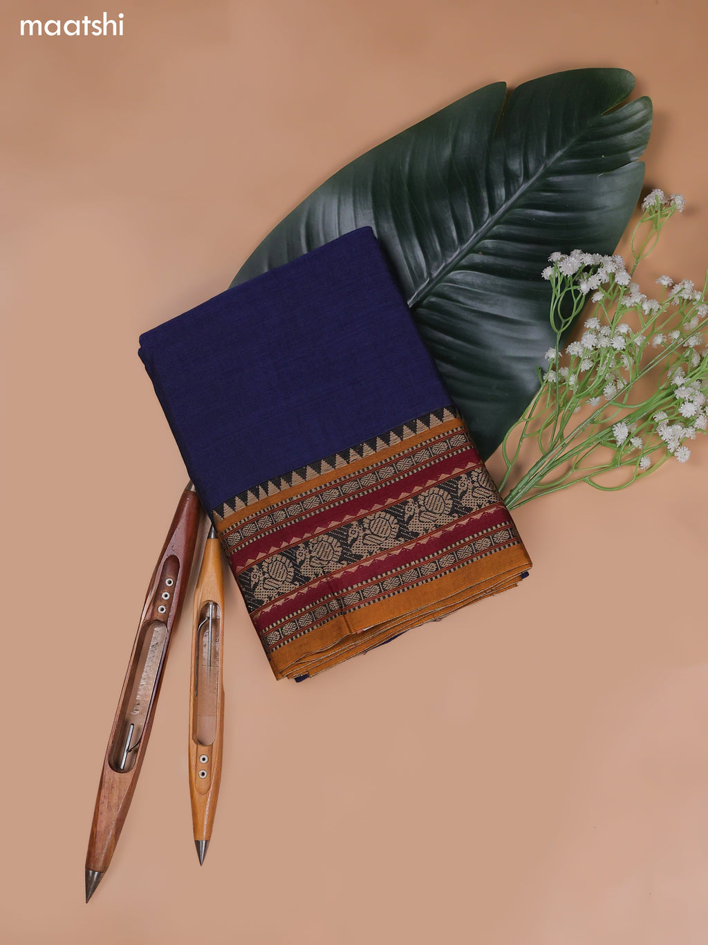 Navy Blue Narayanpet Cotton Dress Material With Plain Body and Running Bottom & Duppata