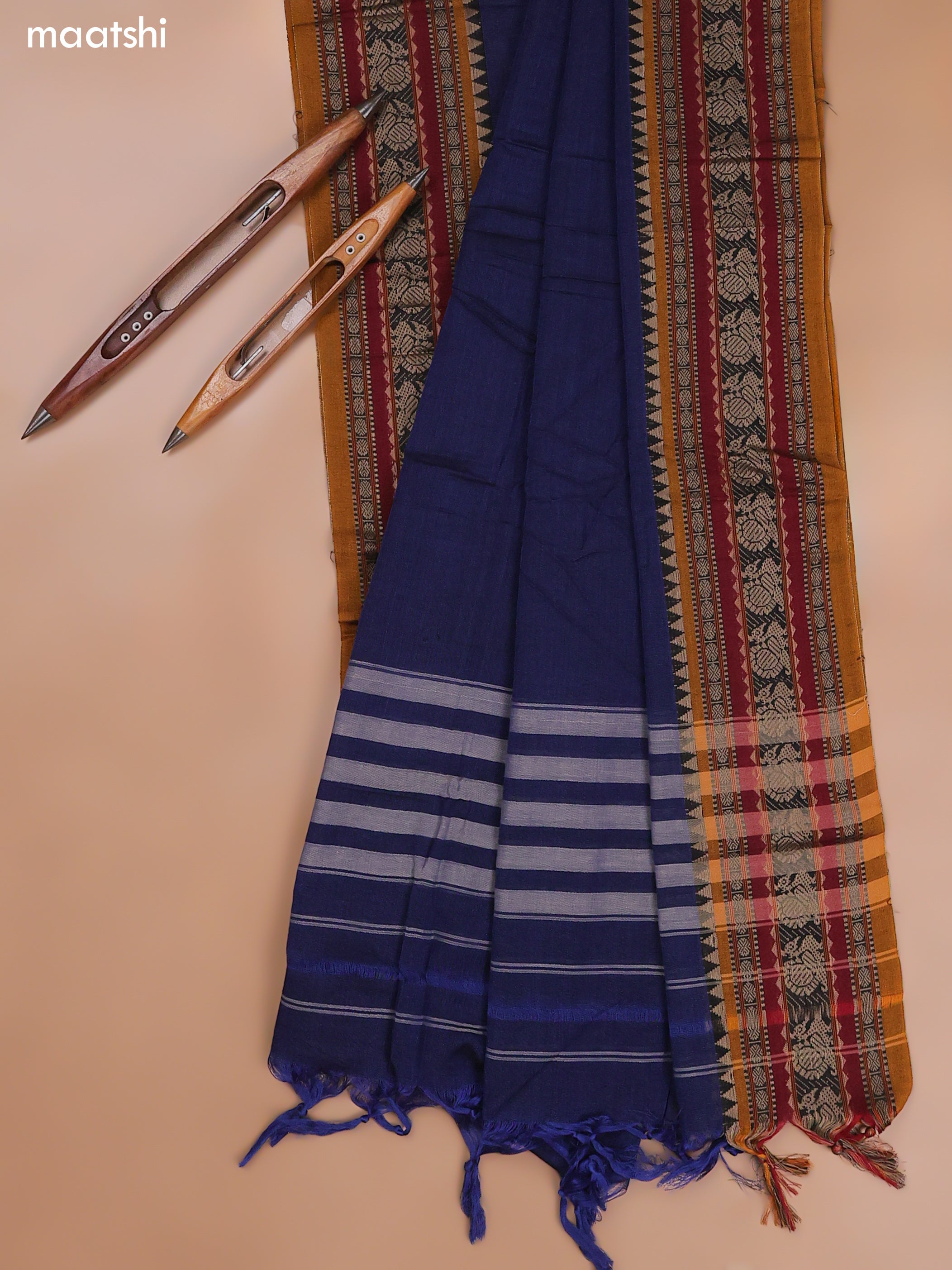 Navy Blue Narayanpet Cotton Dress Material With Plain Body and Running Bottom & Duppata