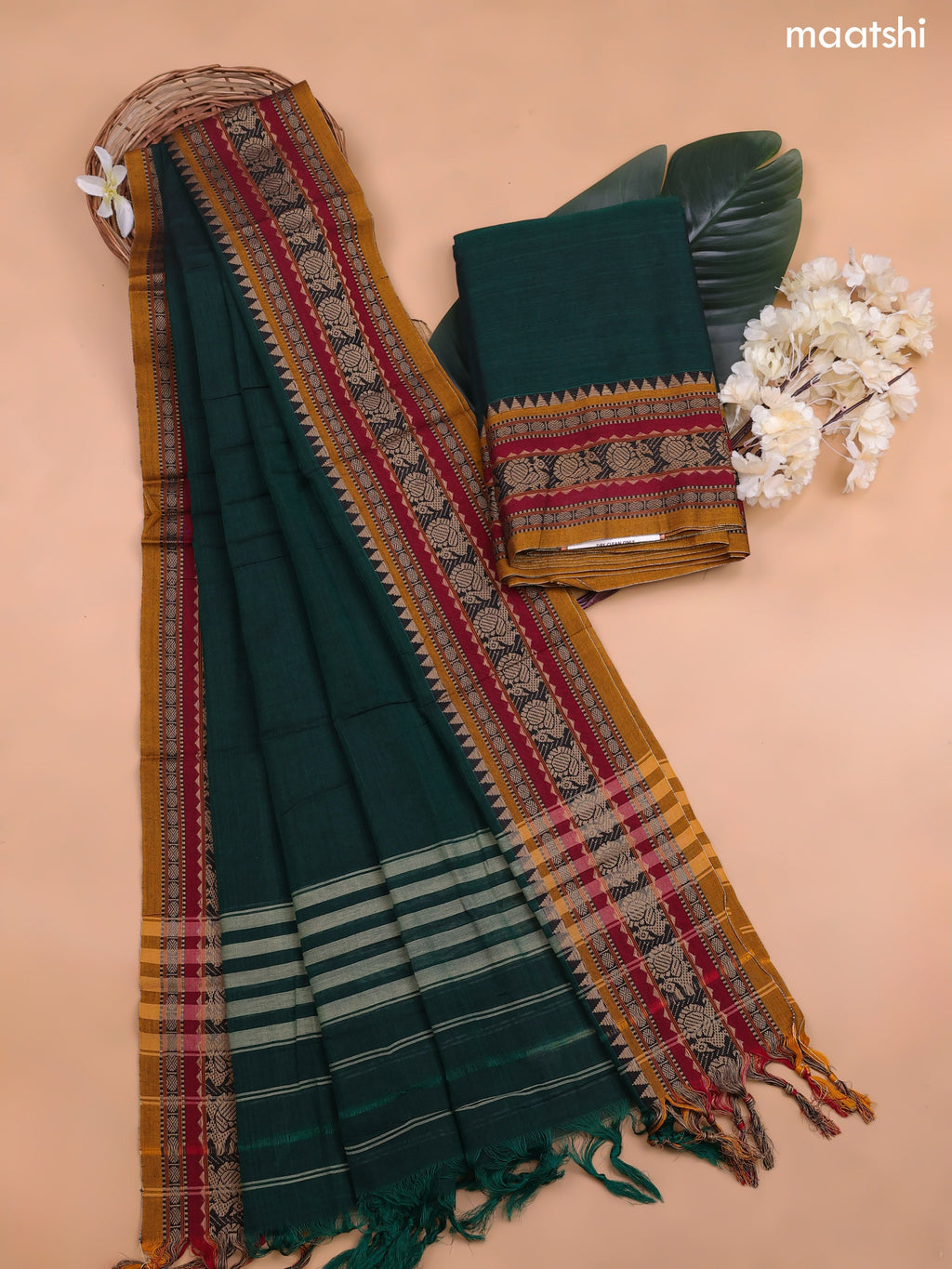 Green Narayanpet Cotton Dress Material With Plain Body and Running Bottom & Duppata