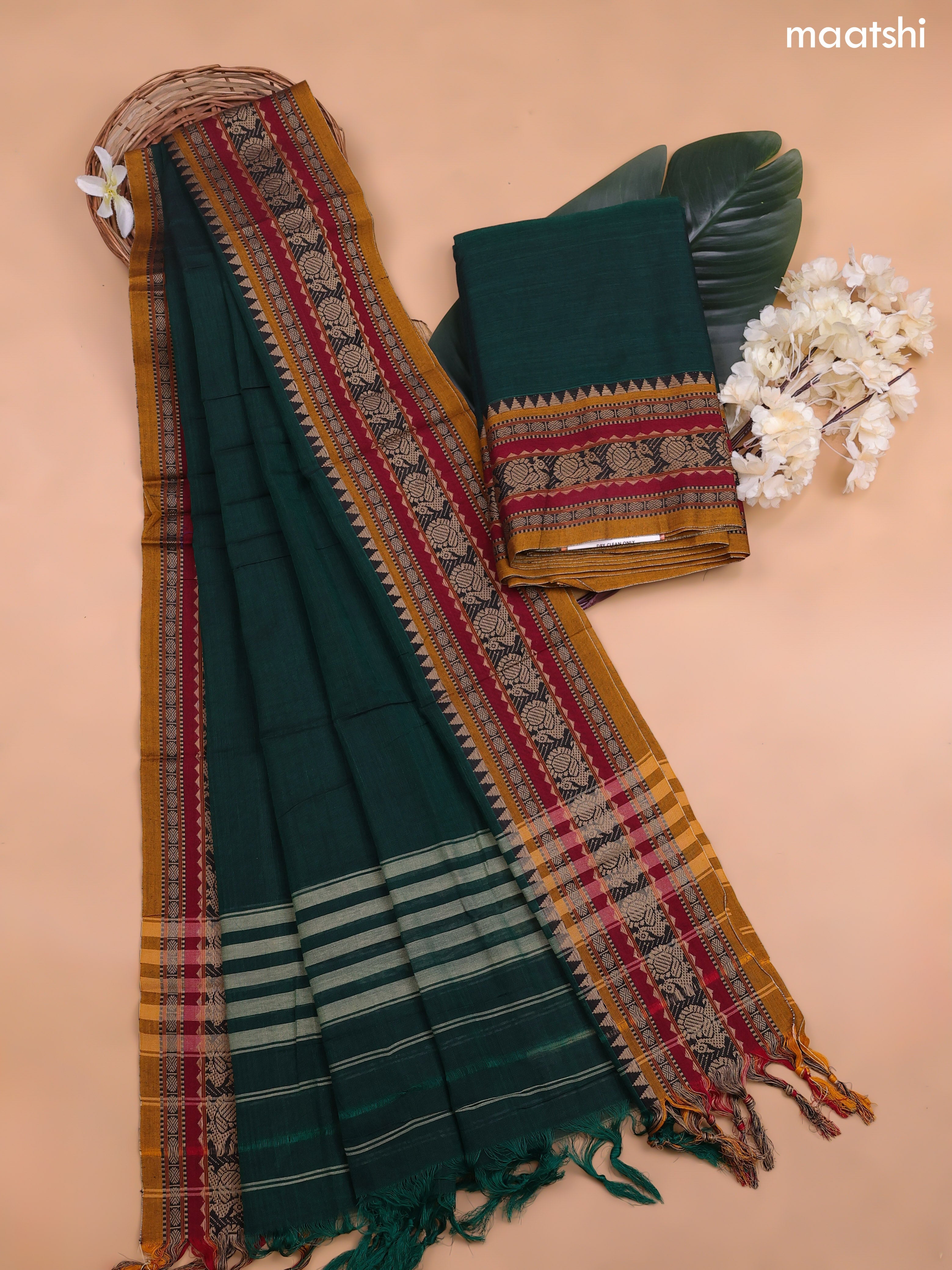Green Narayanpet Cotton Dress Material With Plain Body and Running Bottom & Duppata