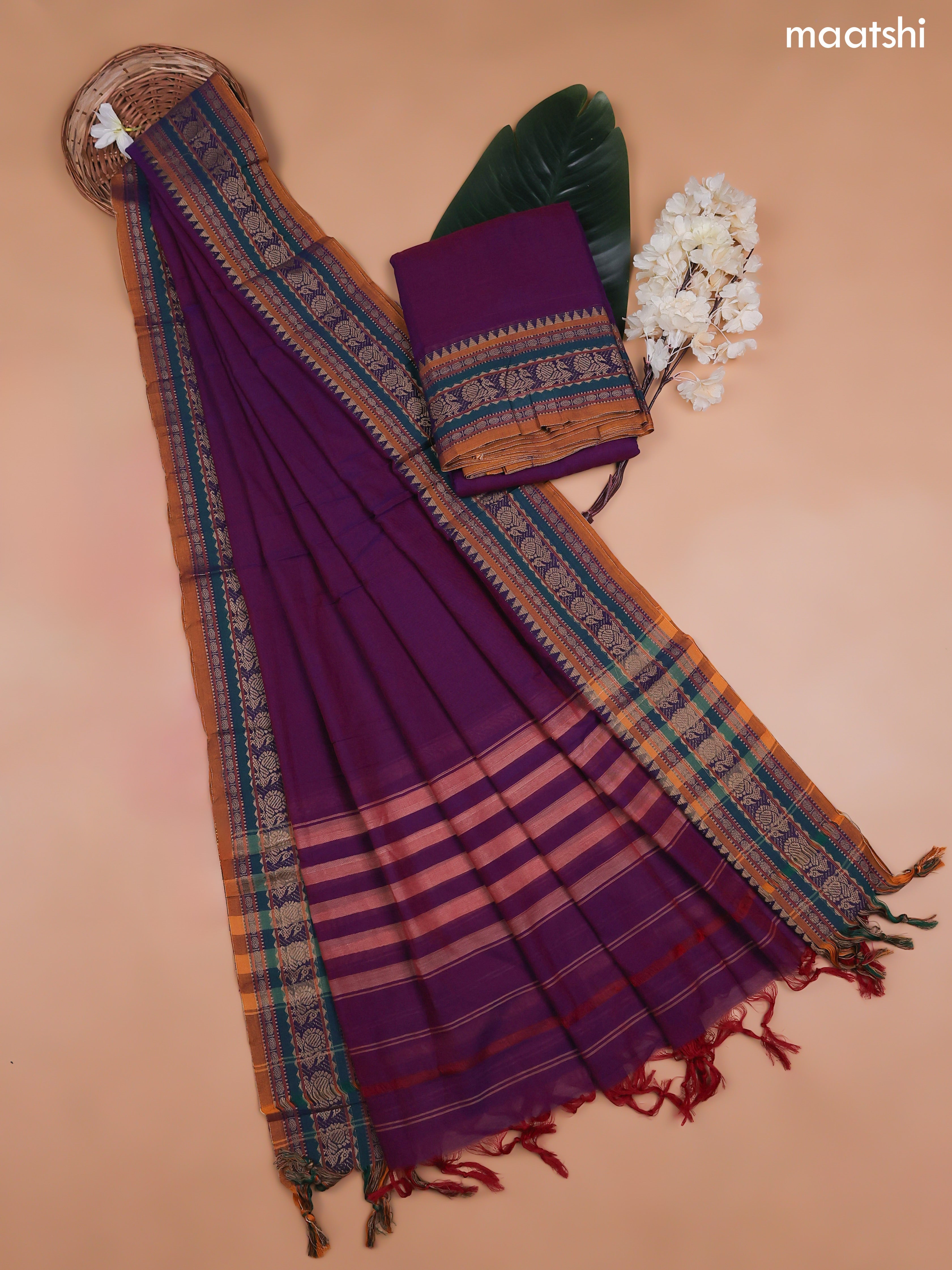 Purple Narayanpet Cotton Dress Material With Plain Body and Running Bottom & Duppata