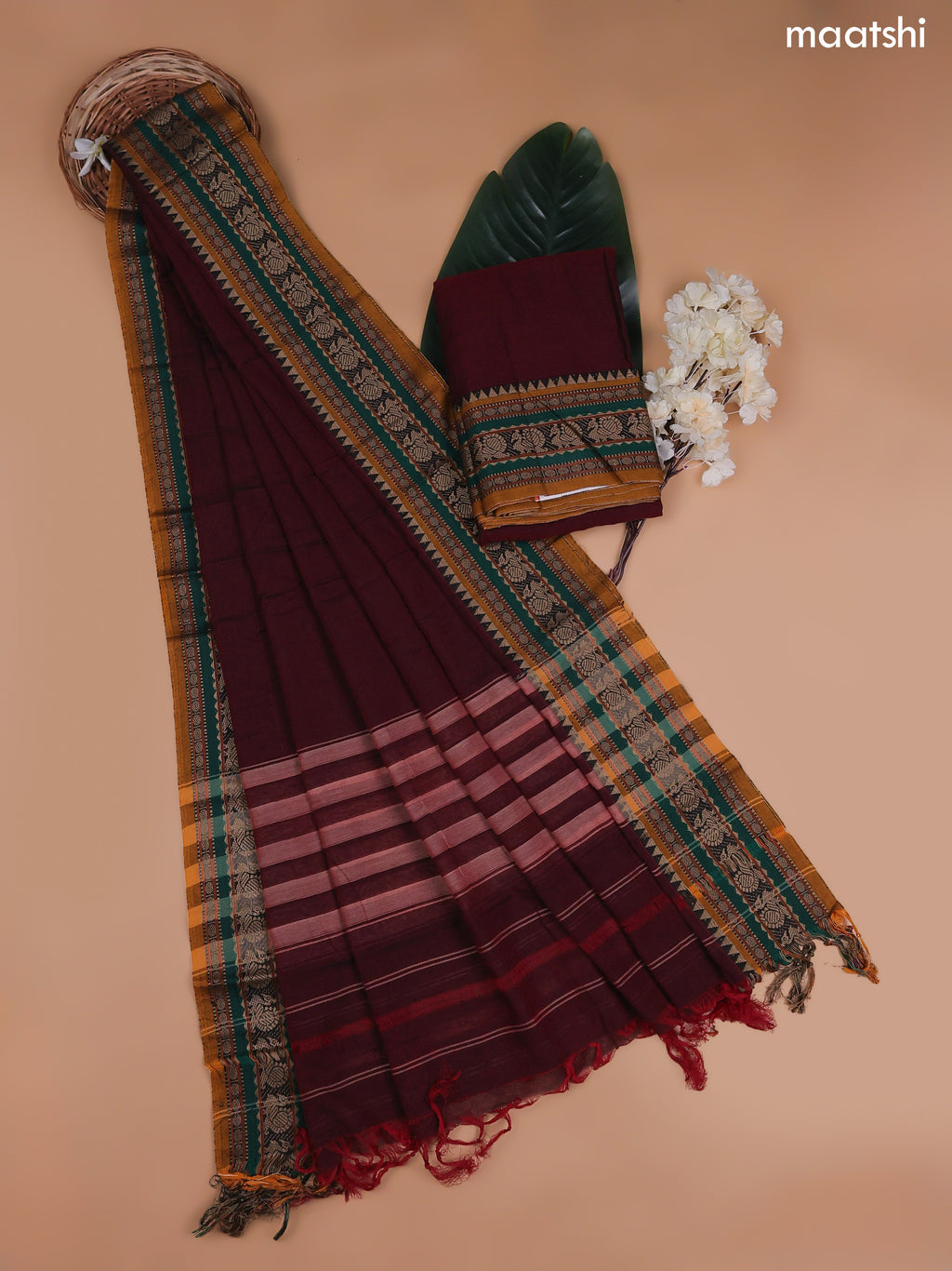 Maroon Narayanpet Cotton Dress Material With Plain Body and Running Bottom & Duppata