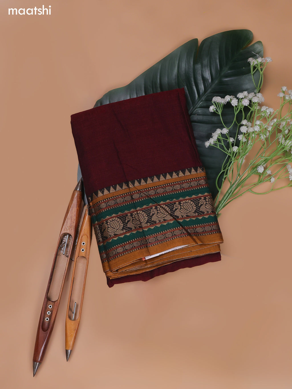 Maroon Narayanpet Cotton Dress Material With Plain Body and Running Bottom & Duppata