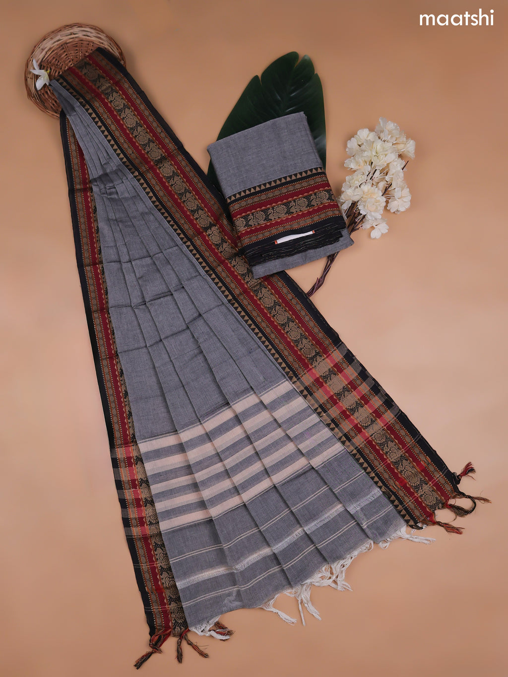 Grey Narayanpet Cotton Dress Material With Plain Body and Running Bottom & Duppata