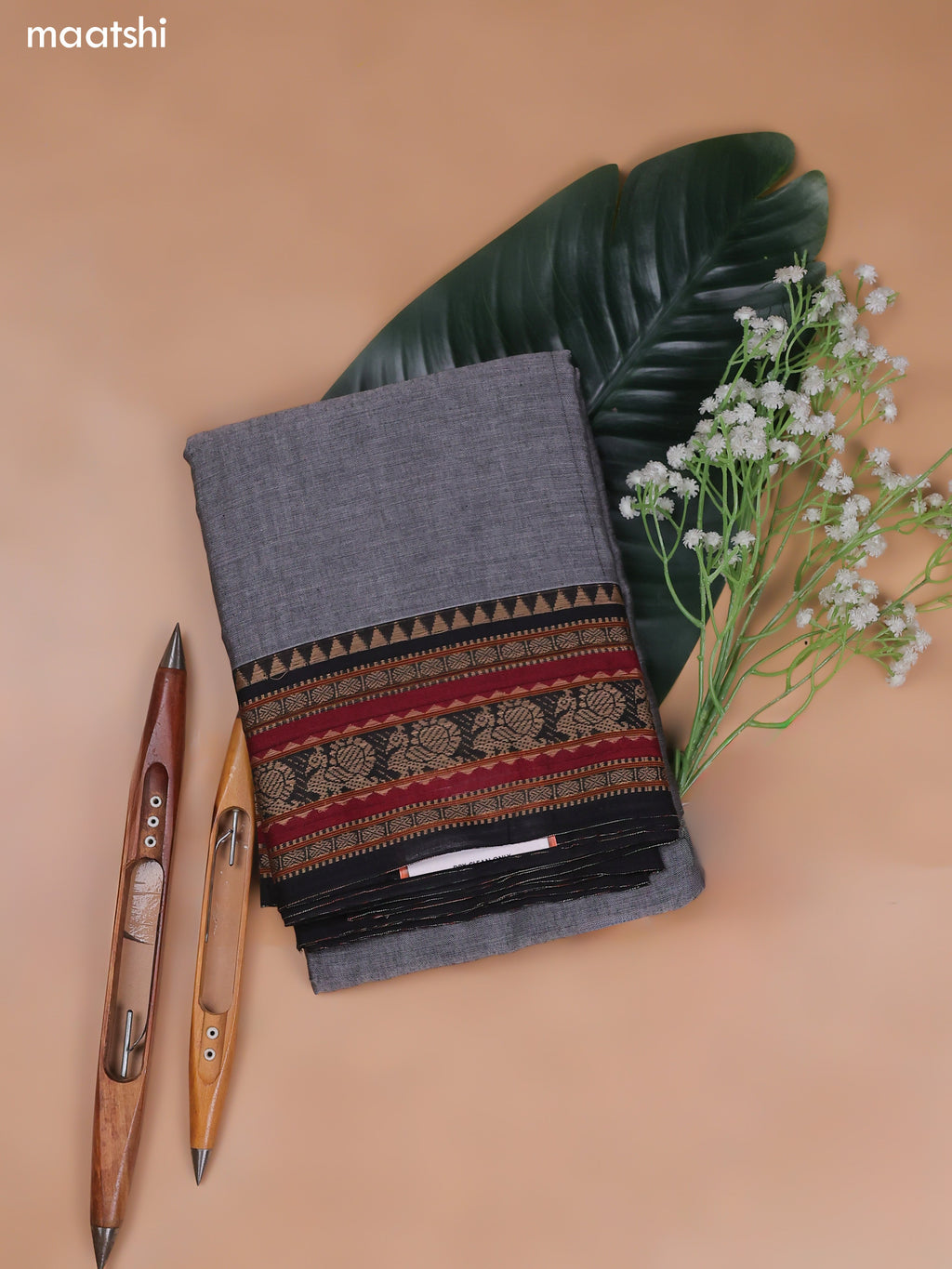 Grey Narayanpet Cotton Dress Material With Plain Body and Running Bottom & Duppata