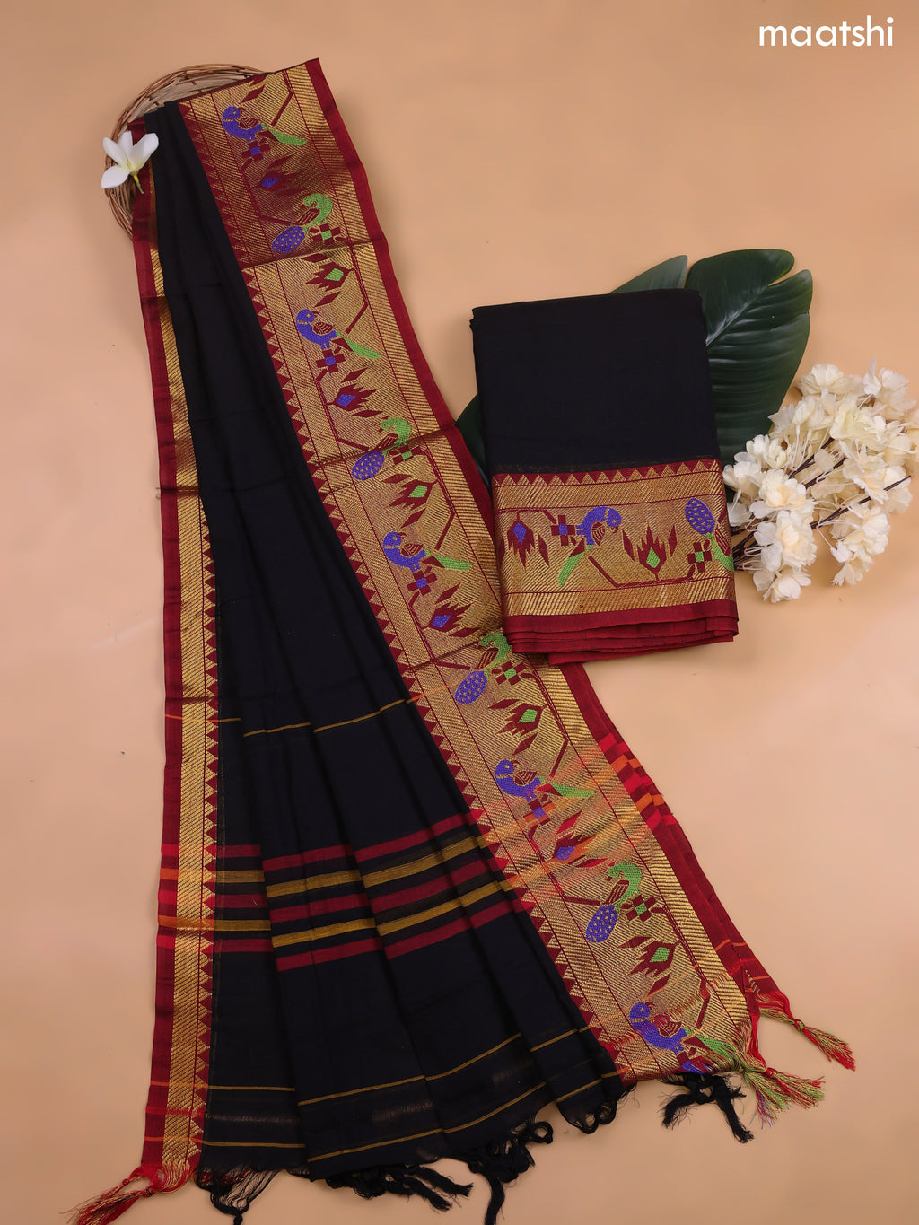 Black Narayanpet Cotton Dress Material With Plain Body and Running Bottom & Duppata
