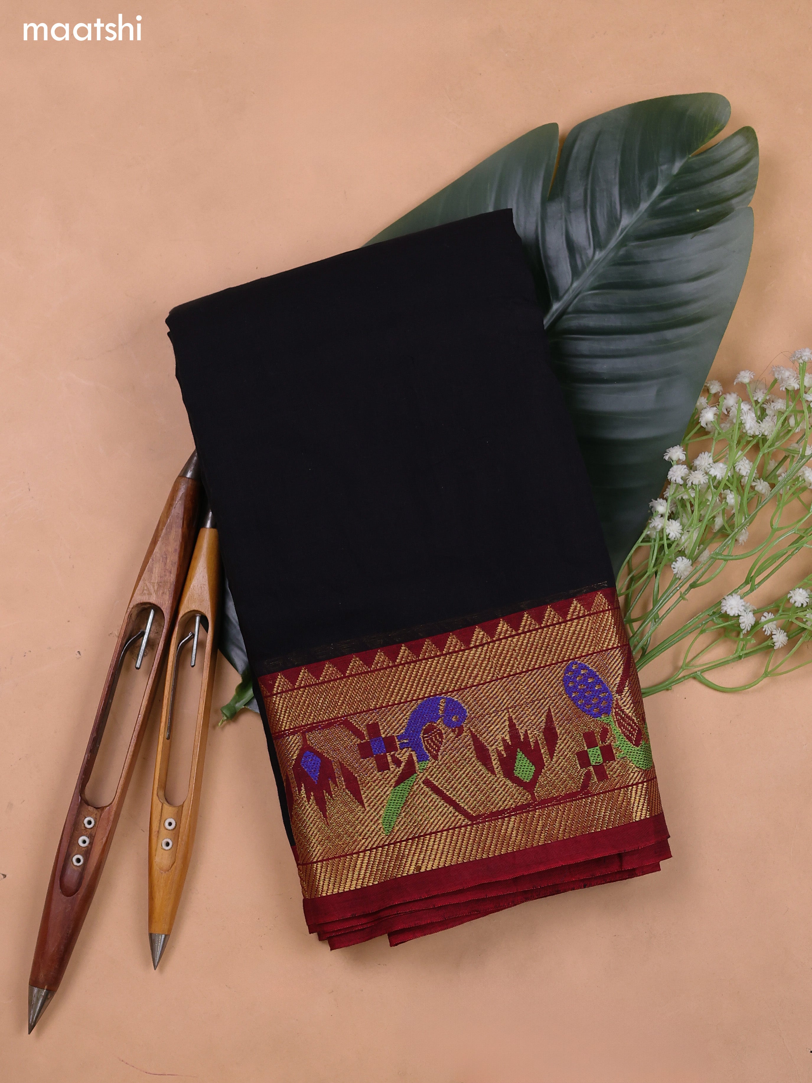Black Narayanpet Cotton Dress Material With Plain Body and Running Bottom & Duppata