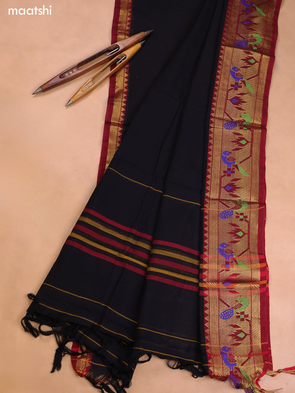Black Narayanpet Cotton Dress Material With Plain Body and Running Bottom & Duppata