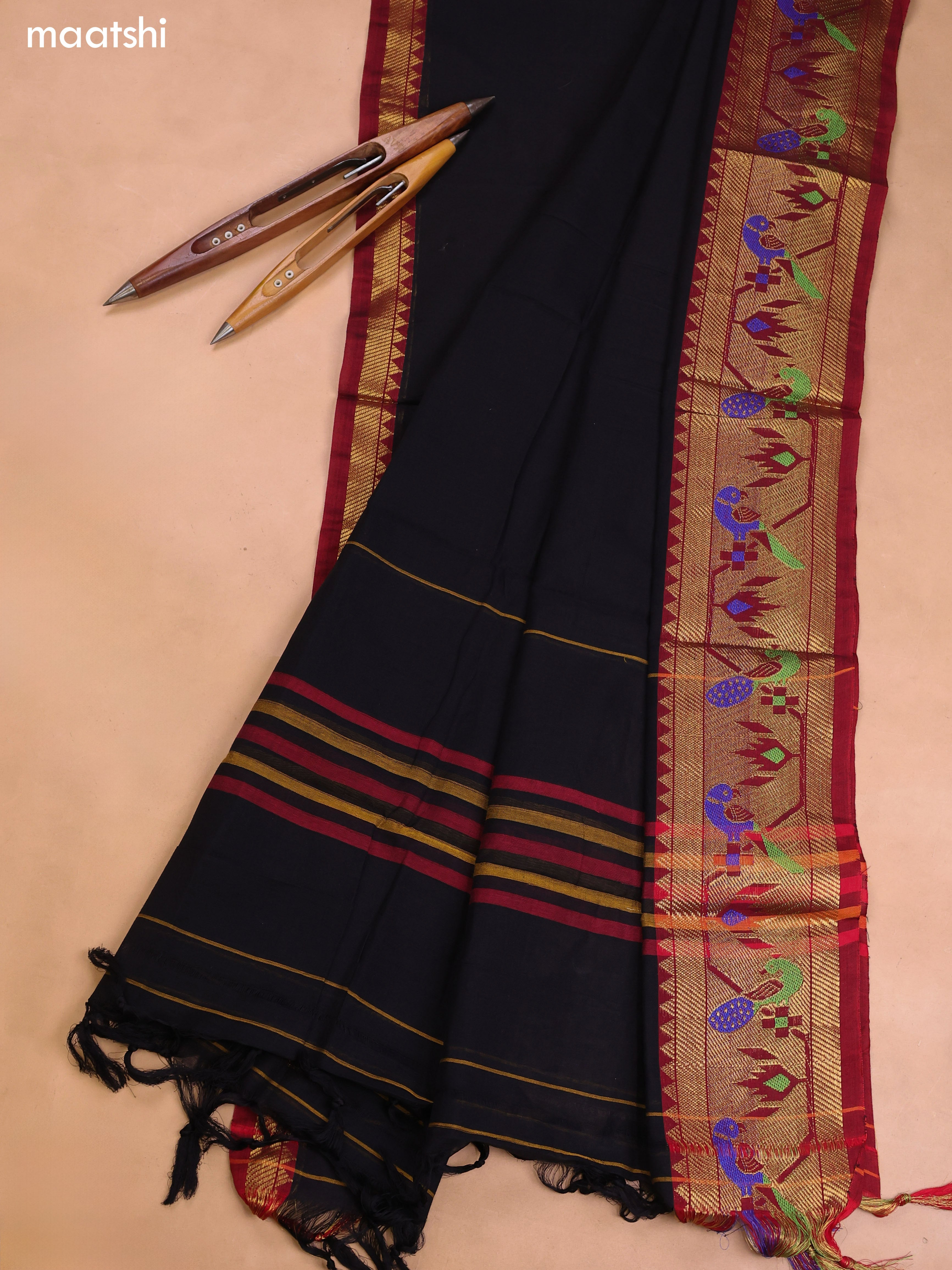 Black Narayanpet Cotton Dress Material With Plain Body and Running Bottom & Duppata