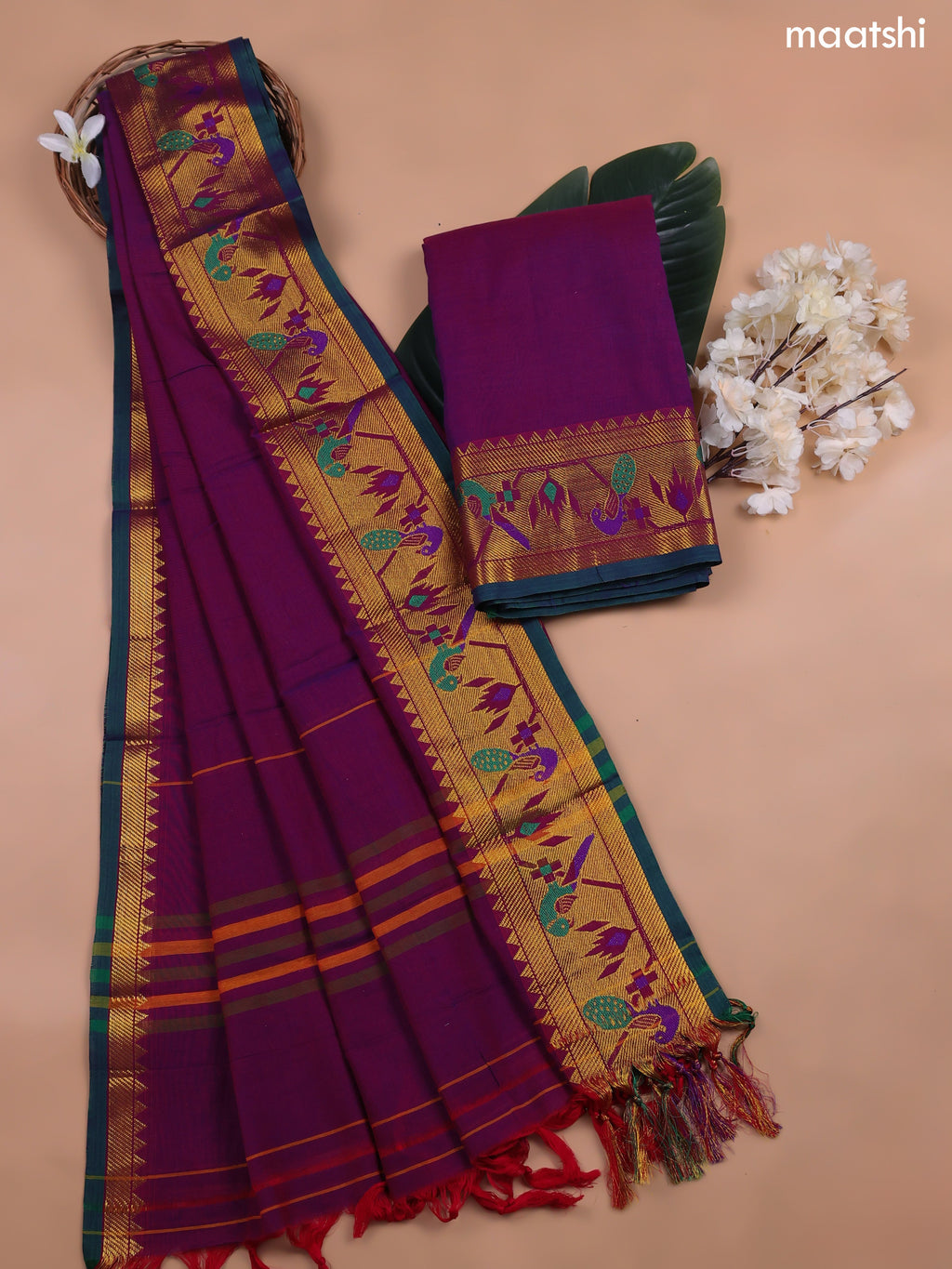 Purple Narayanpet Cotton Dress Material With Plain Body and Running Bottom & Duppata