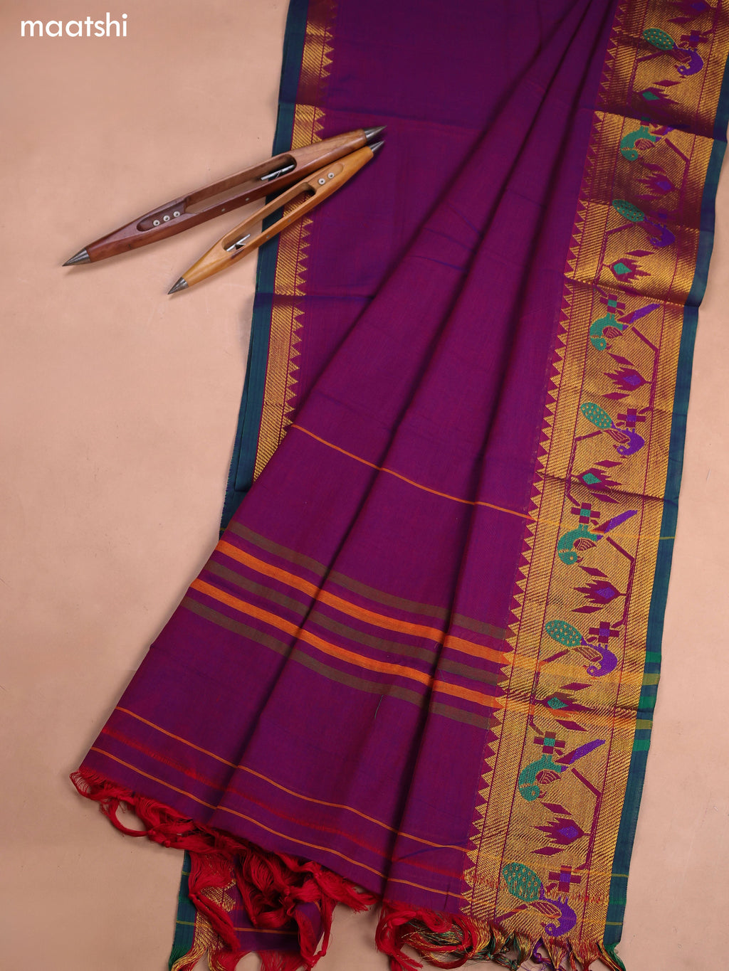 Purple Narayanpet Cotton Dress Material With Plain Body and Running Bottom & Duppata