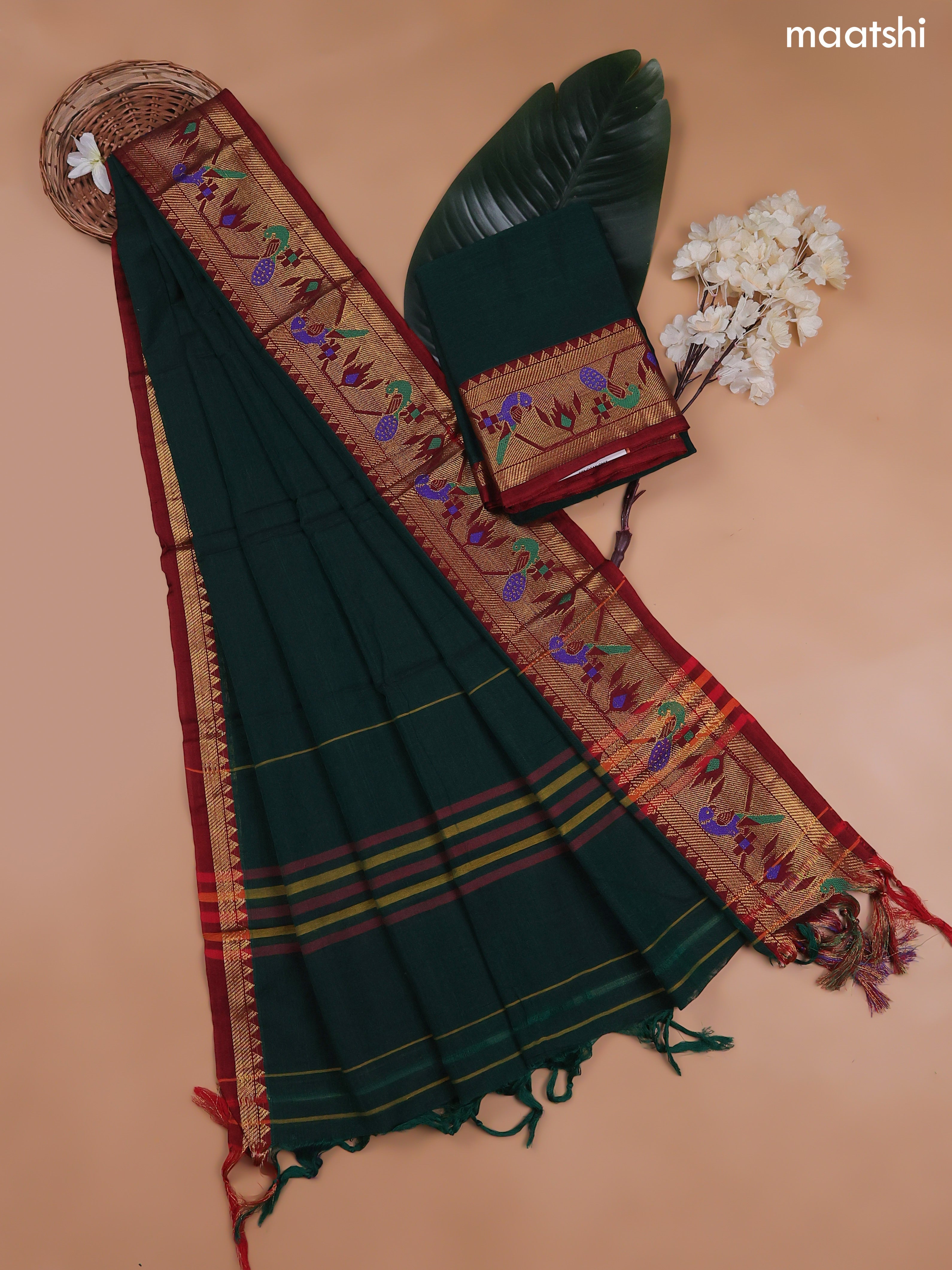 Green Narayanpet Cotton Dress Material With Plain Body and Running Bottom & Duppata