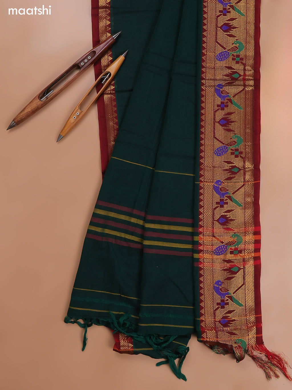 Green Narayanpet Cotton Dress Material With Plain Body and Running Bottom & Duppata