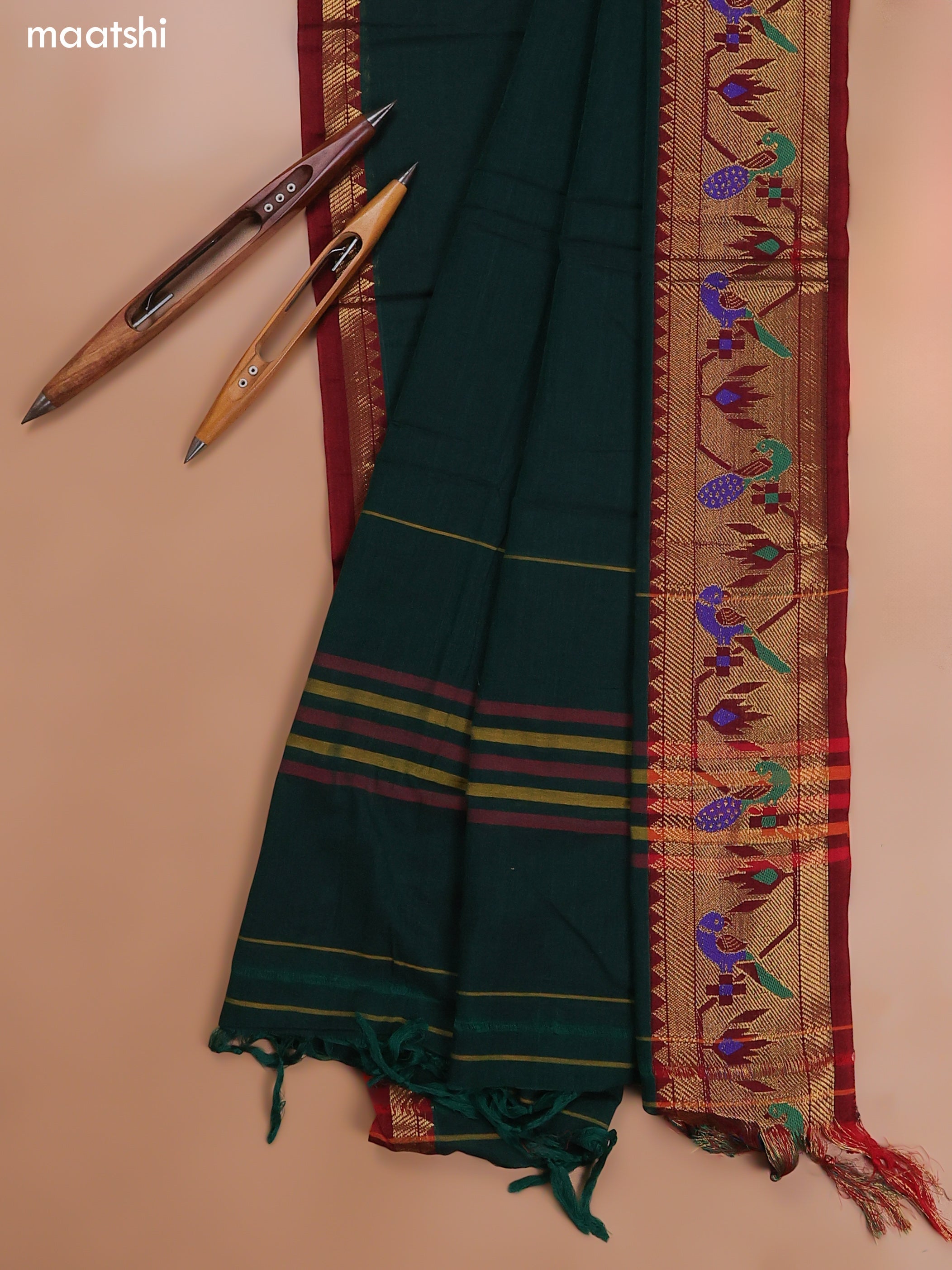 Green Narayanpet Cotton Dress Material With Plain Body and Running Bottom & Duppata