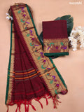 Maroon Narayanpet Cotton Dress Material With Plain Body and Running Bottom & Duppata