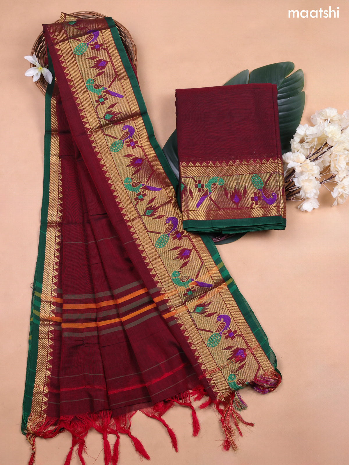 Maroon Narayanpet Cotton Dress Material With Plain Body and Running Bottom & Duppata
