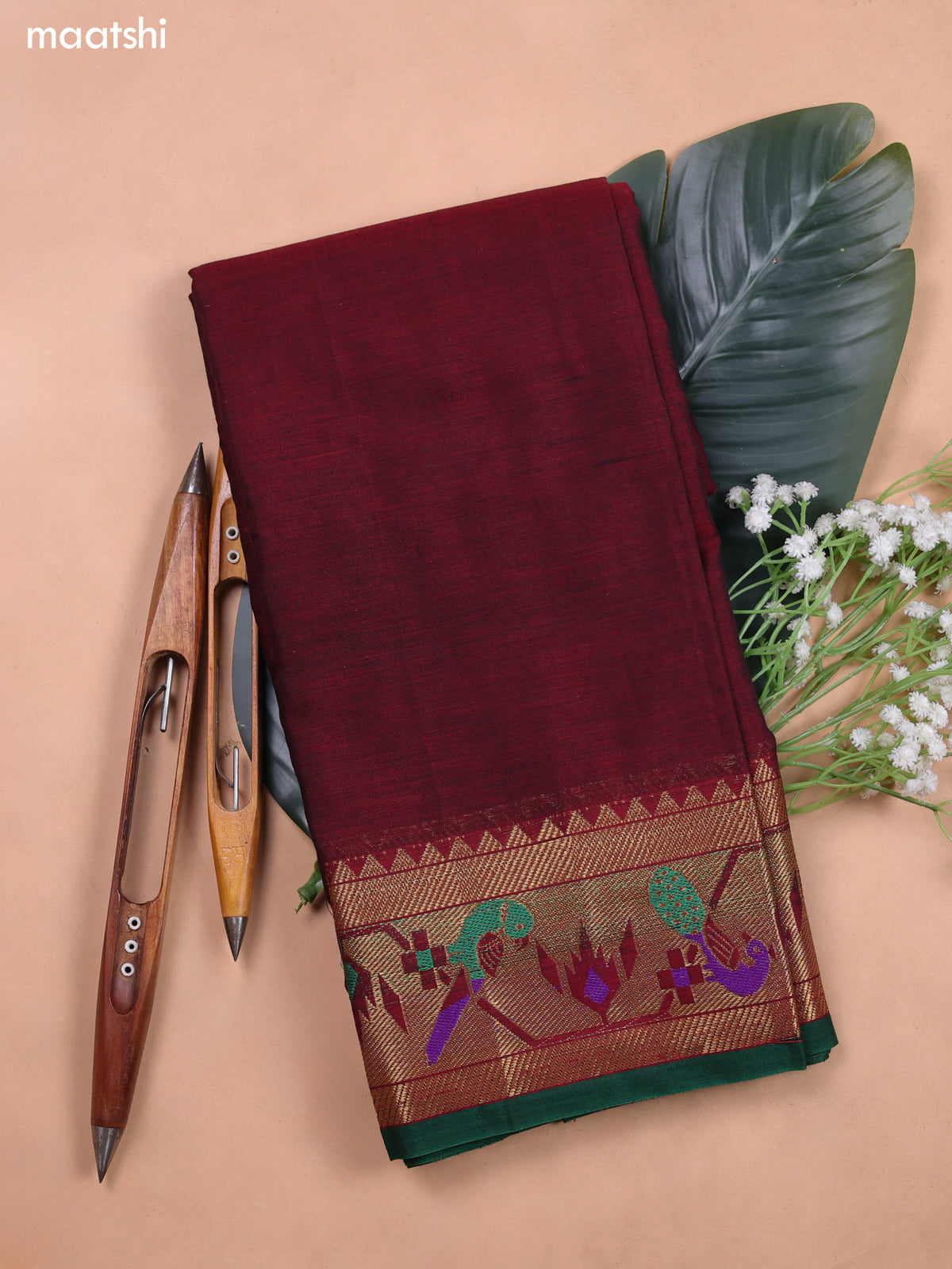 Maroon Narayanpet Cotton Dress Material With Plain Body and Running Bottom & Duppata