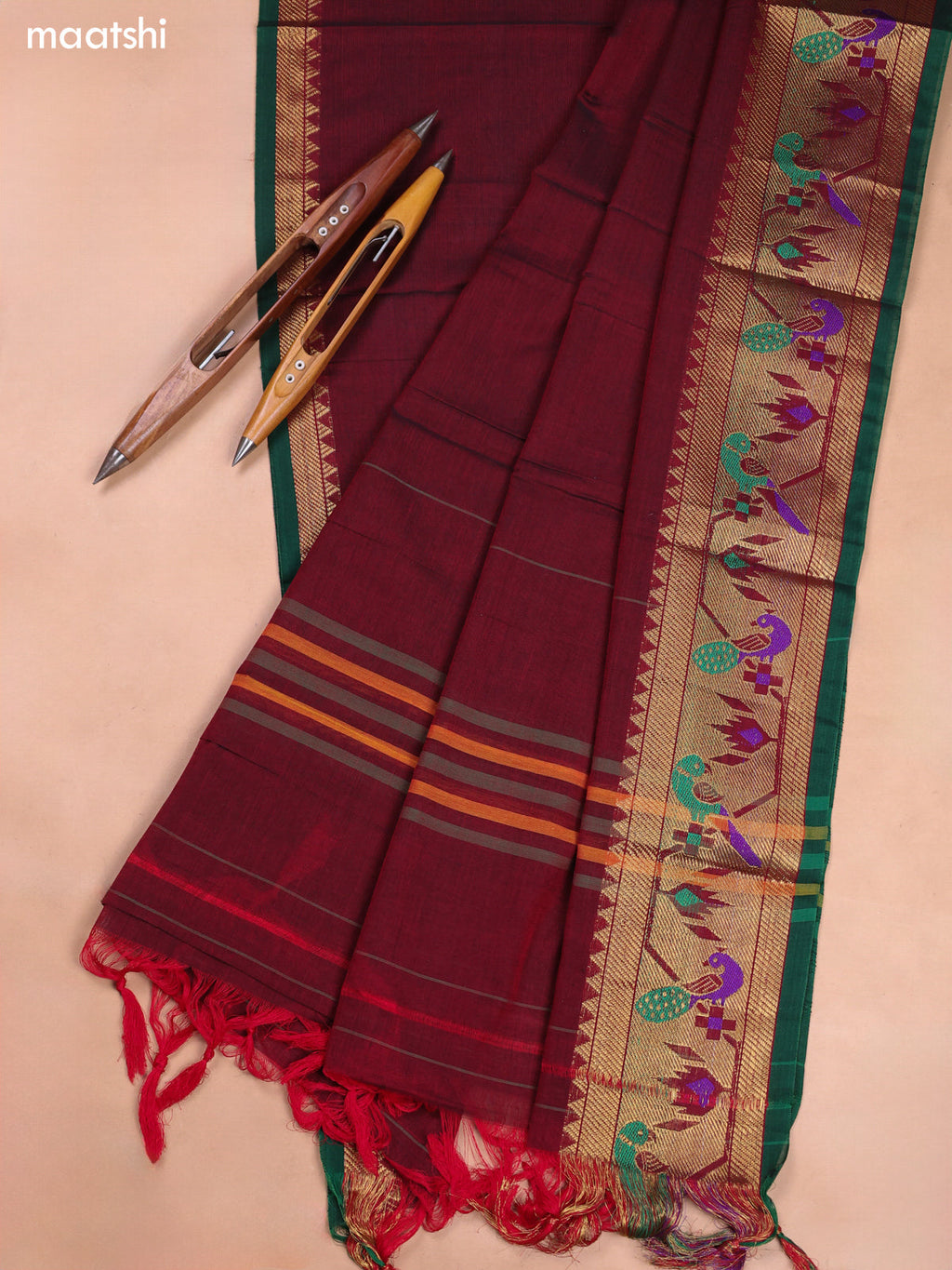 Maroon Narayanpet Cotton Dress Material With Plain Body and Running Bottom & Duppata