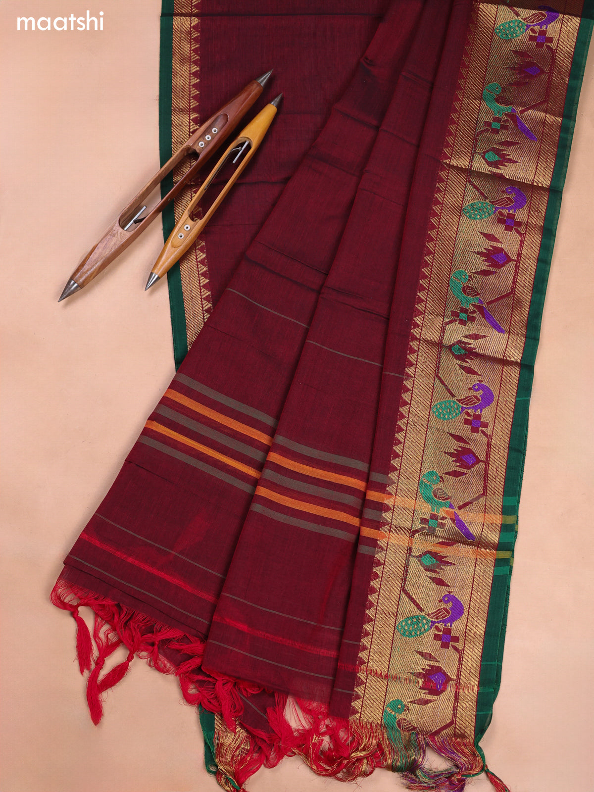 Maroon Narayanpet Cotton Dress Material With Plain Body and Running Bottom & Duppata