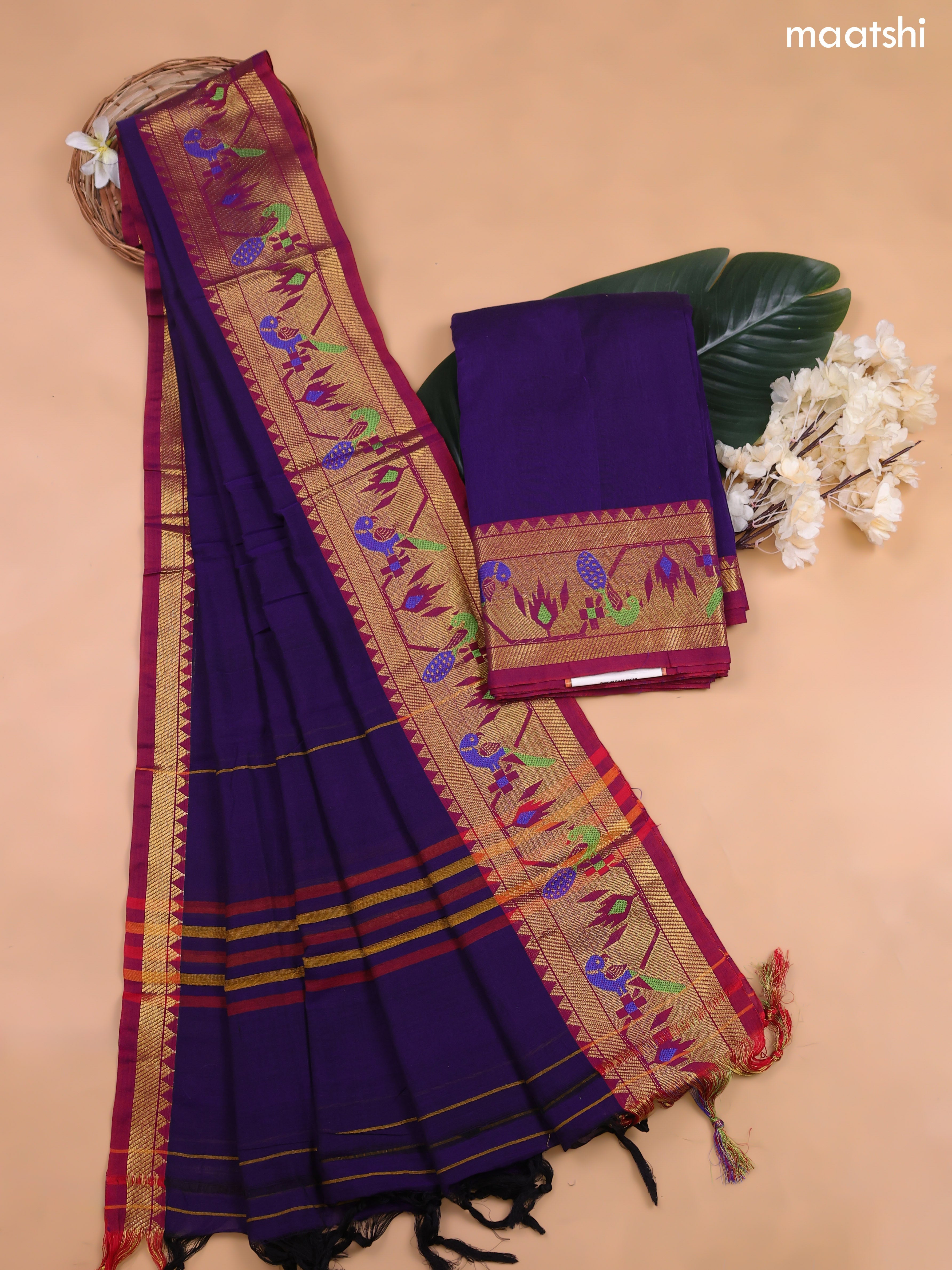 Violet Narayanpet Cotton Dress Material With Plain Body and Running Bottom & Duppata