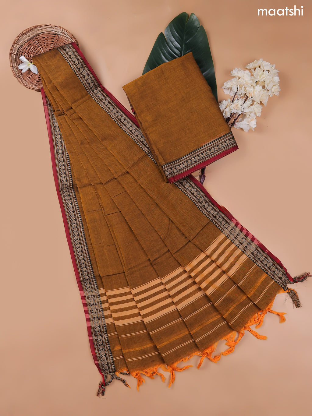 Mustard Yellow Narayanpet Cotton Dress Material With Plain Body and Running Bottom & Duppata