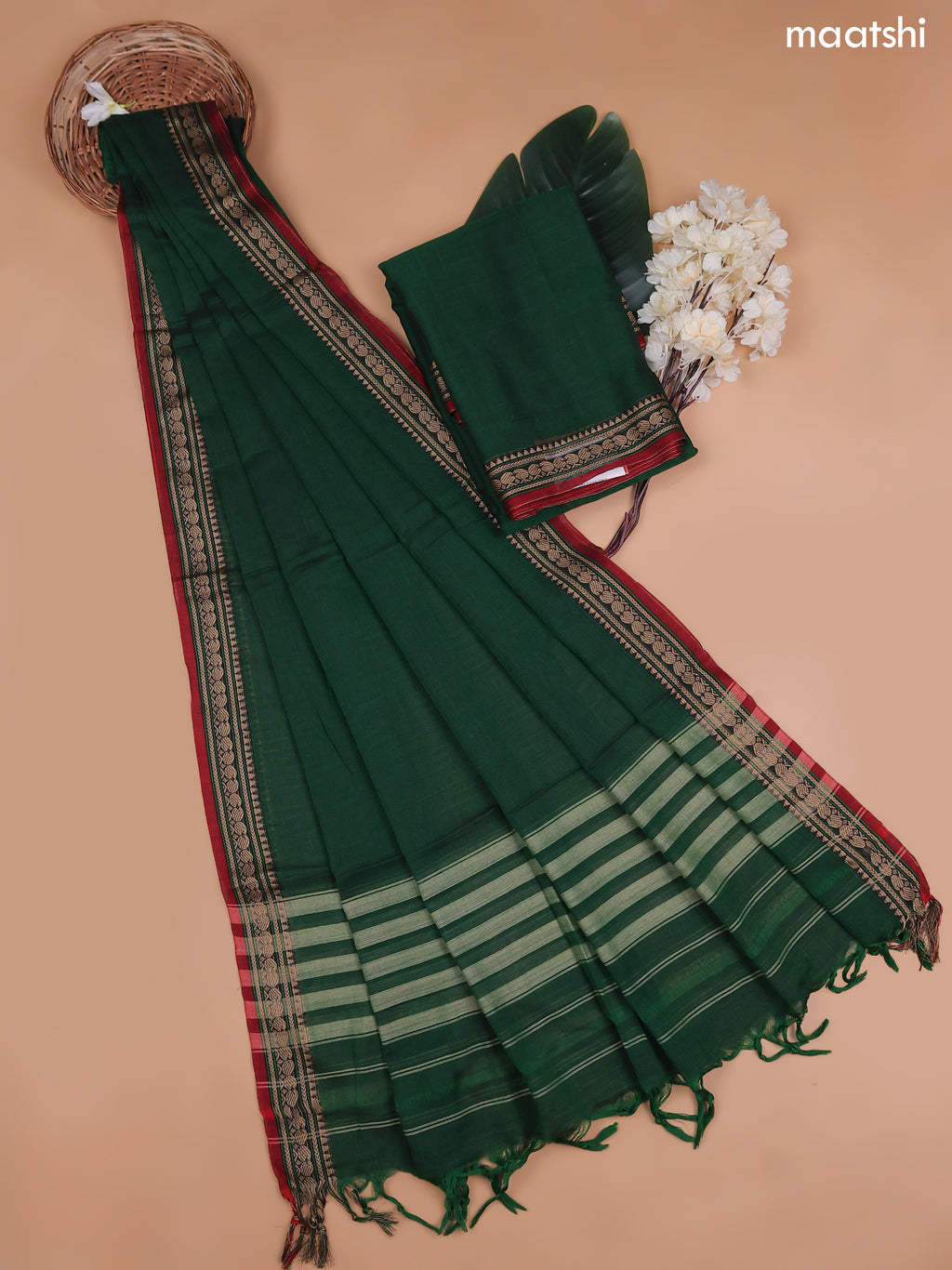 Green Narayanpet Cotton Dress Material With Plain Body and Running Bottom & Duppata