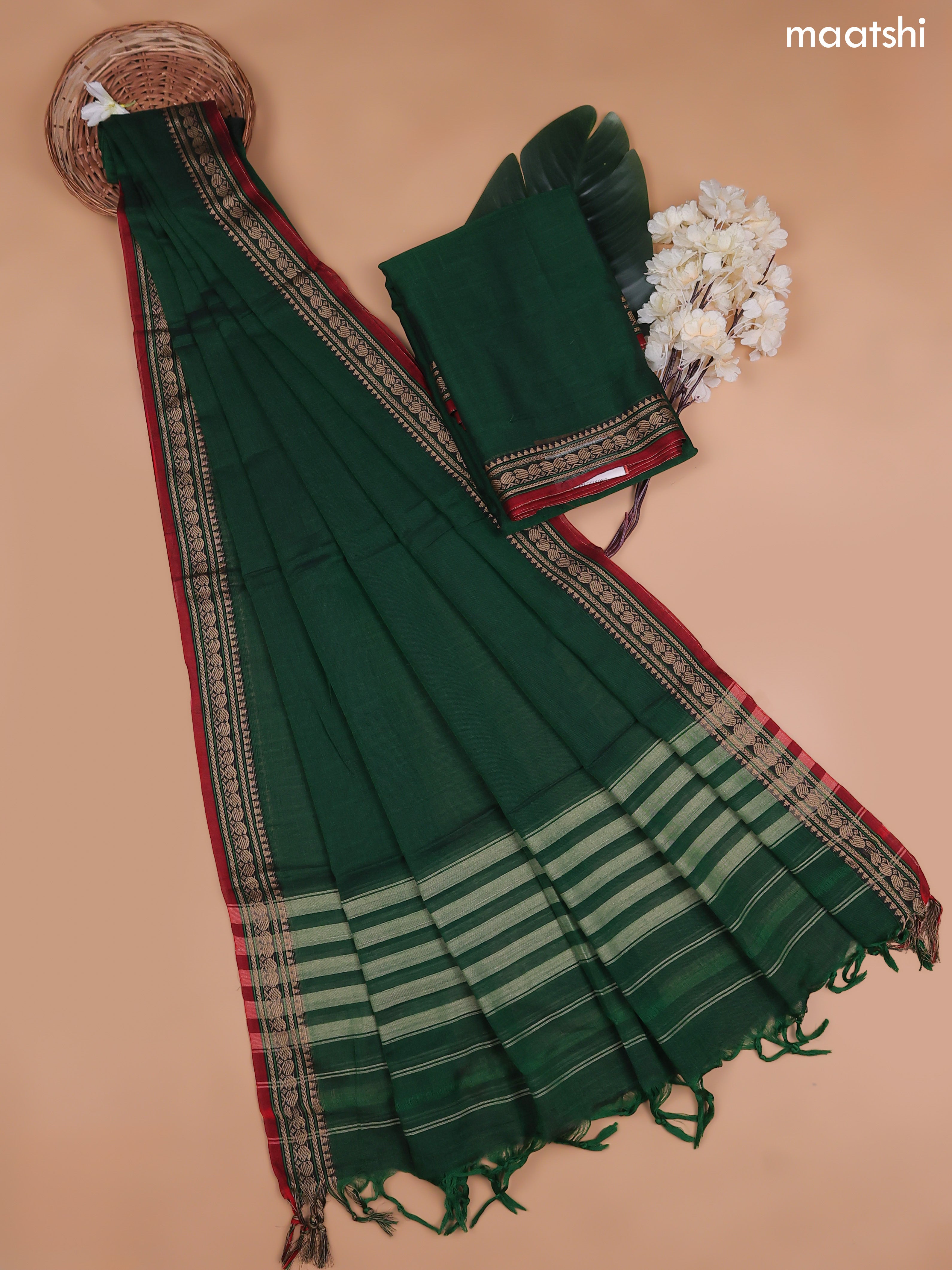 Green Narayanpet Cotton Dress Material With Plain Body and Running Bottom & Duppata