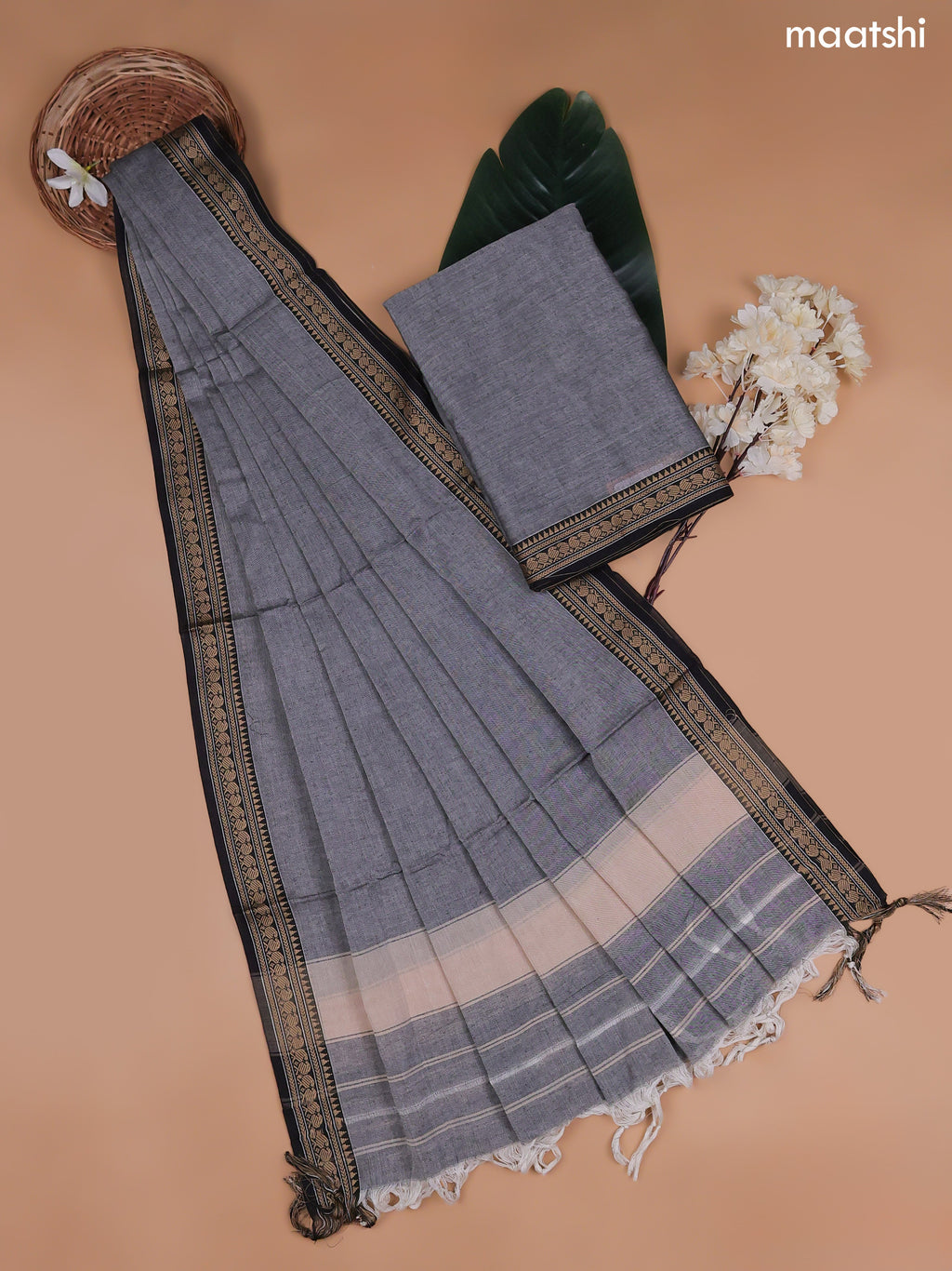 Grey Narayanpet Cotton Dress Material With Plain Body and Running Bottom & Duppata