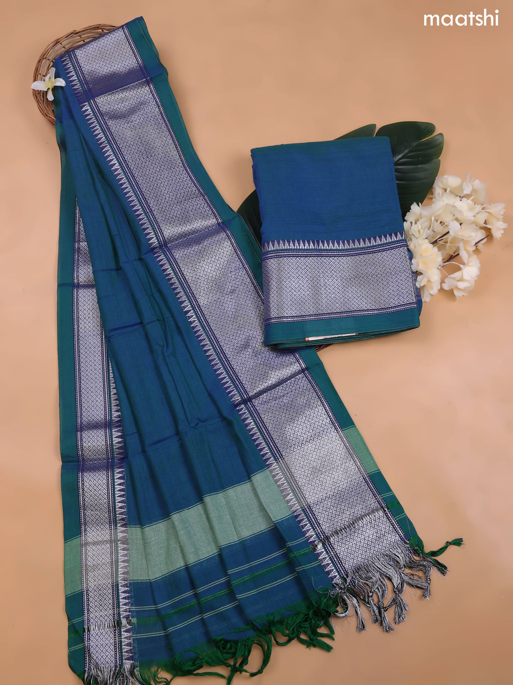 Peacock Blue Narayanpet Cotton Dress Material With Silver Zari Woven Border and Running Bottom & Duppata