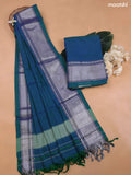 Peacock Blue Narayanpet Cotton Dress Material With Silver Zari Woven Border and Running Bottom & Duppata