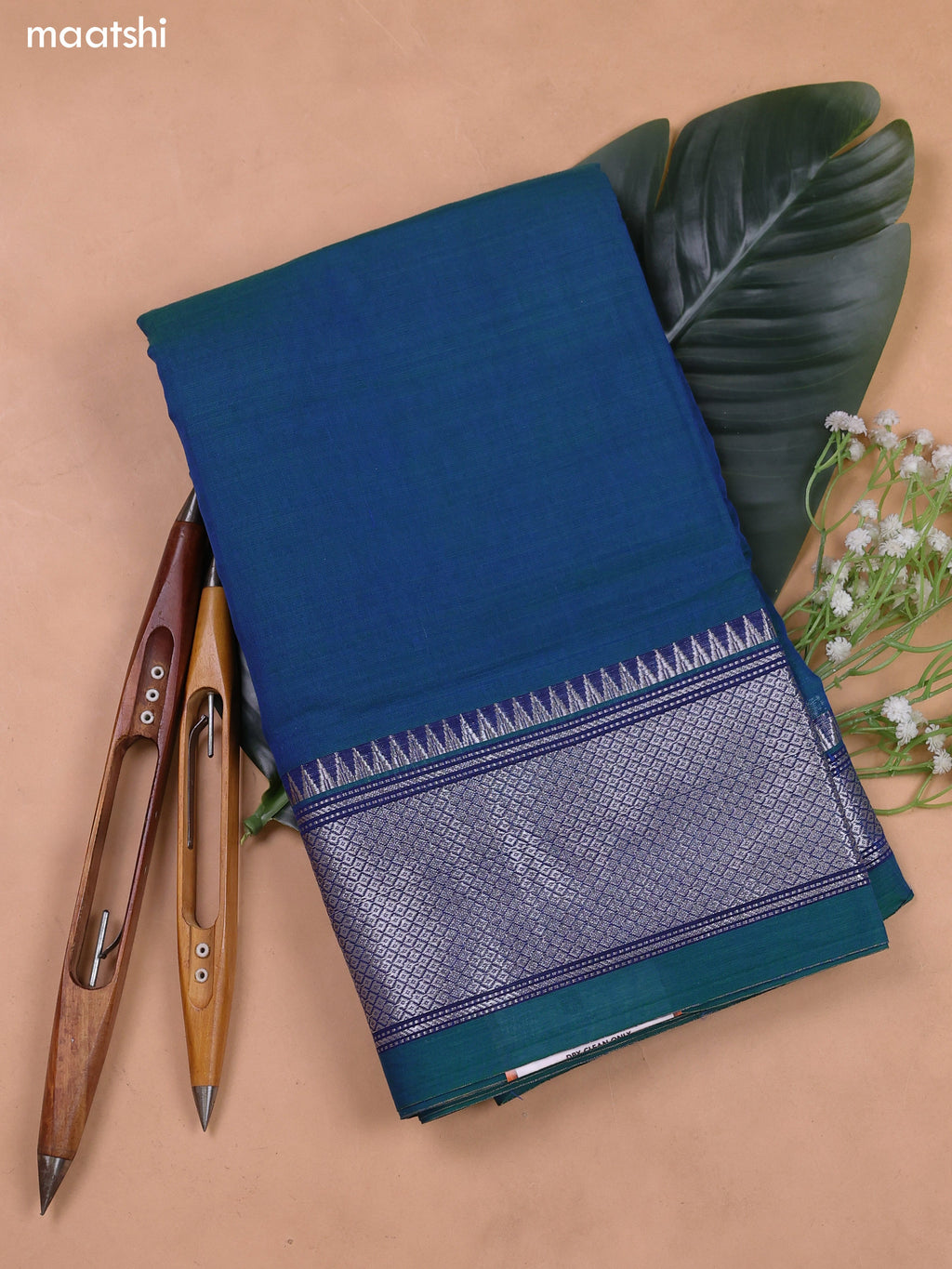 Peacock Blue Narayanpet Cotton Dress Material With Silver Zari Woven Border and Running Bottom & Duppata