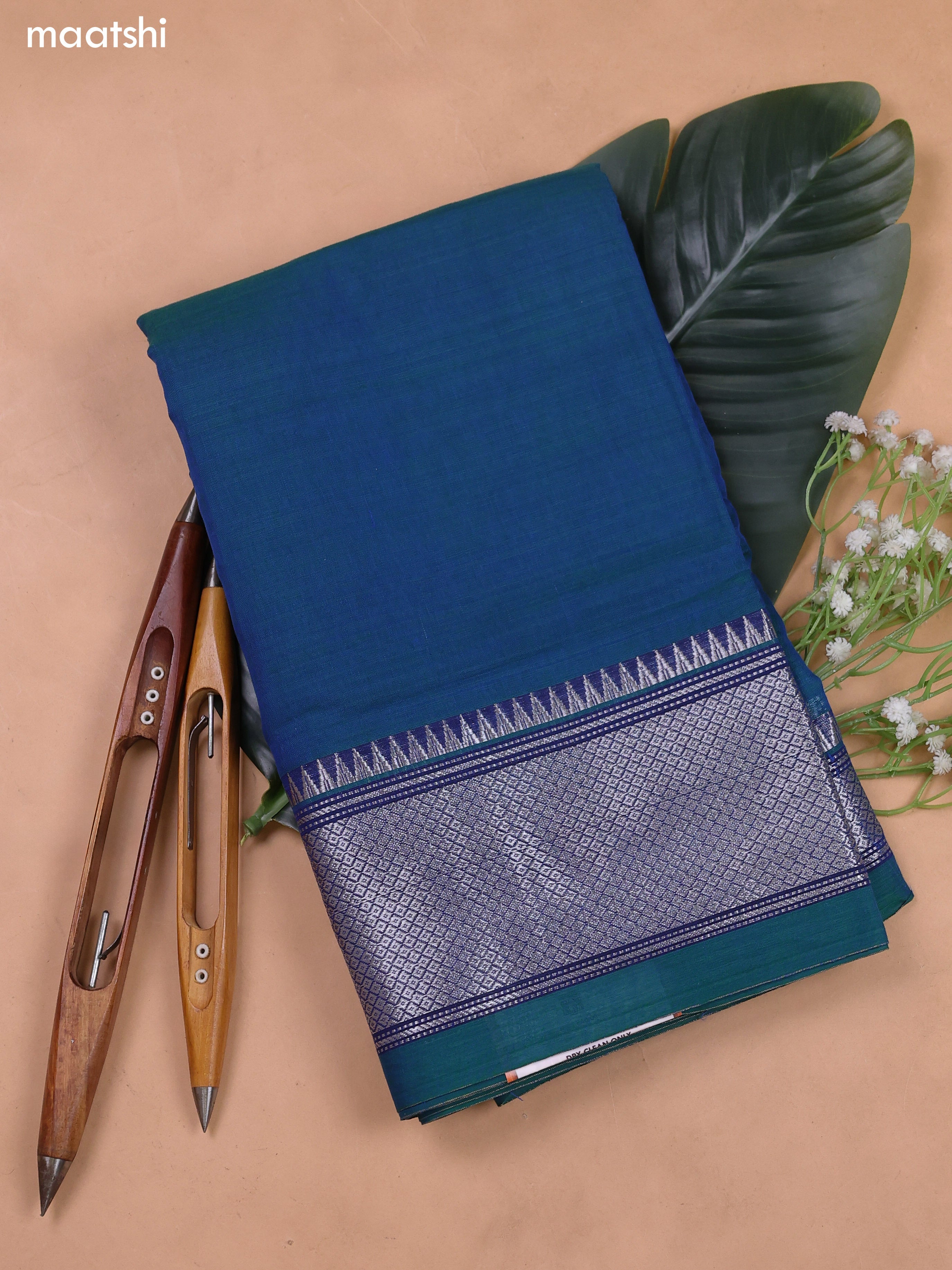 Peacock Blue Narayanpet Cotton Dress Material With Silver Zari Woven Border and Running Bottom & Duppata