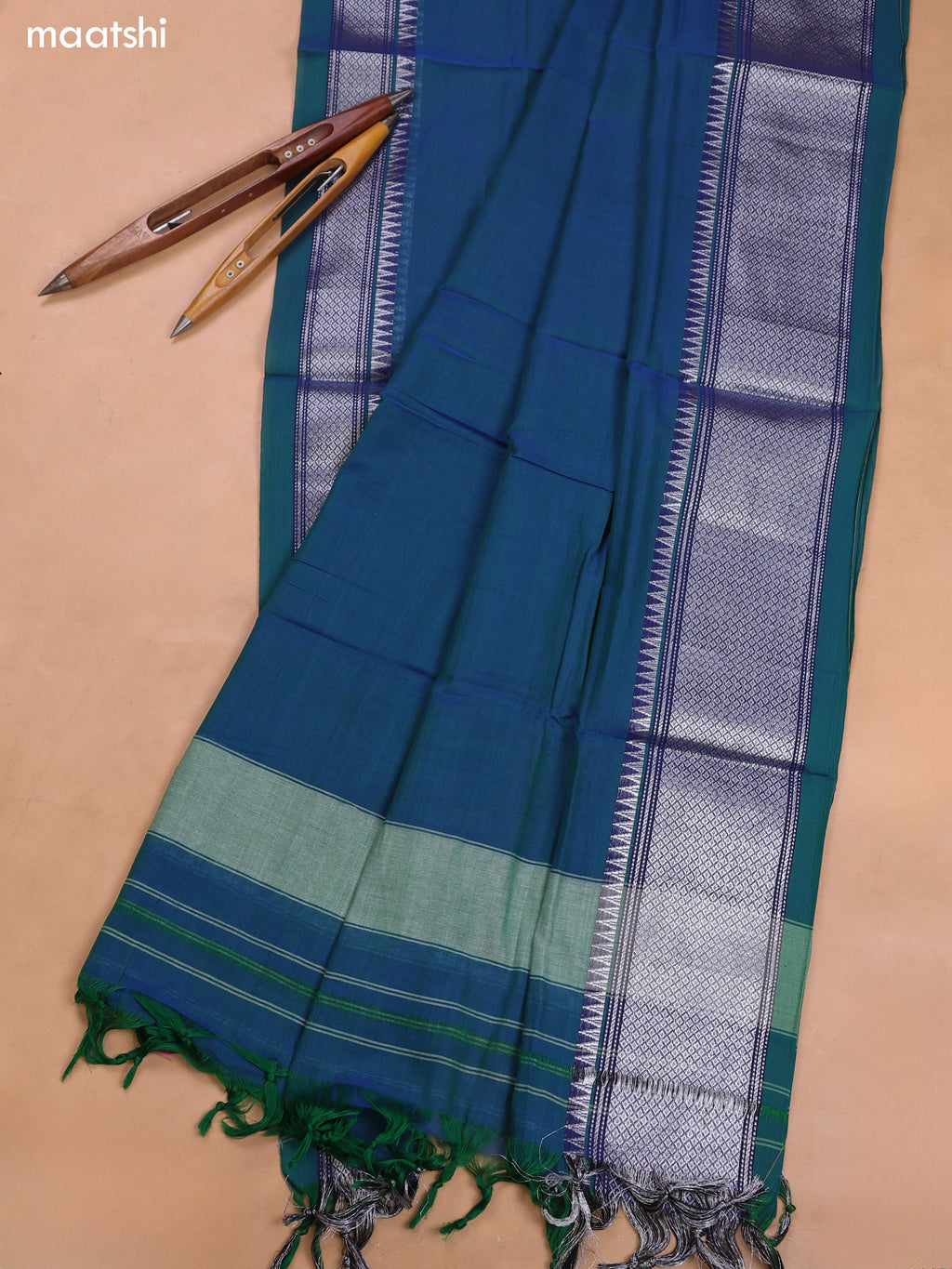 Peacock Blue Narayanpet Cotton Dress Material With Silver Zari Woven Border and Running Bottom & Duppata