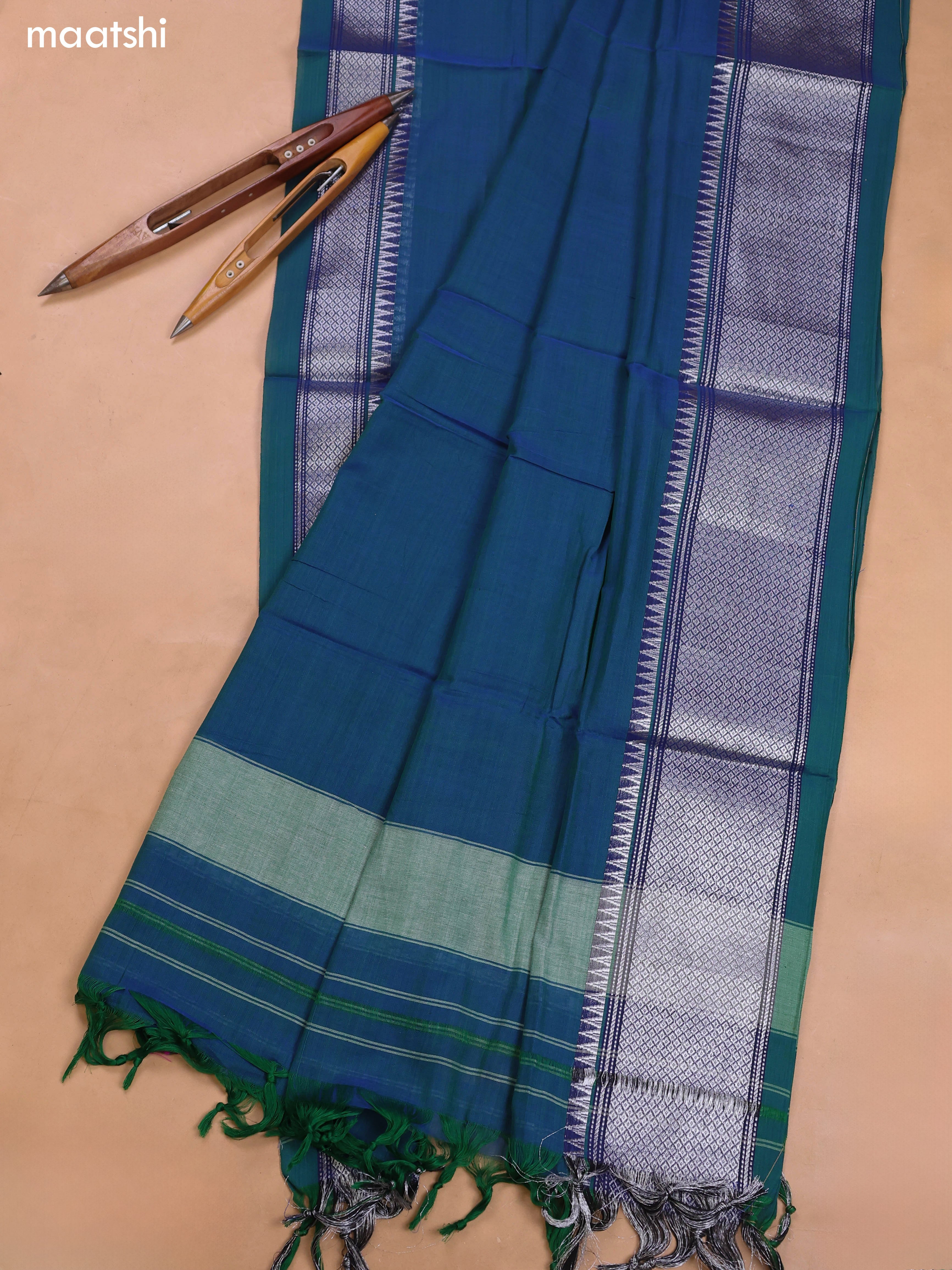 Peacock Blue Narayanpet Cotton Dress Material With Silver Zari Woven Border and Running Bottom & Duppata