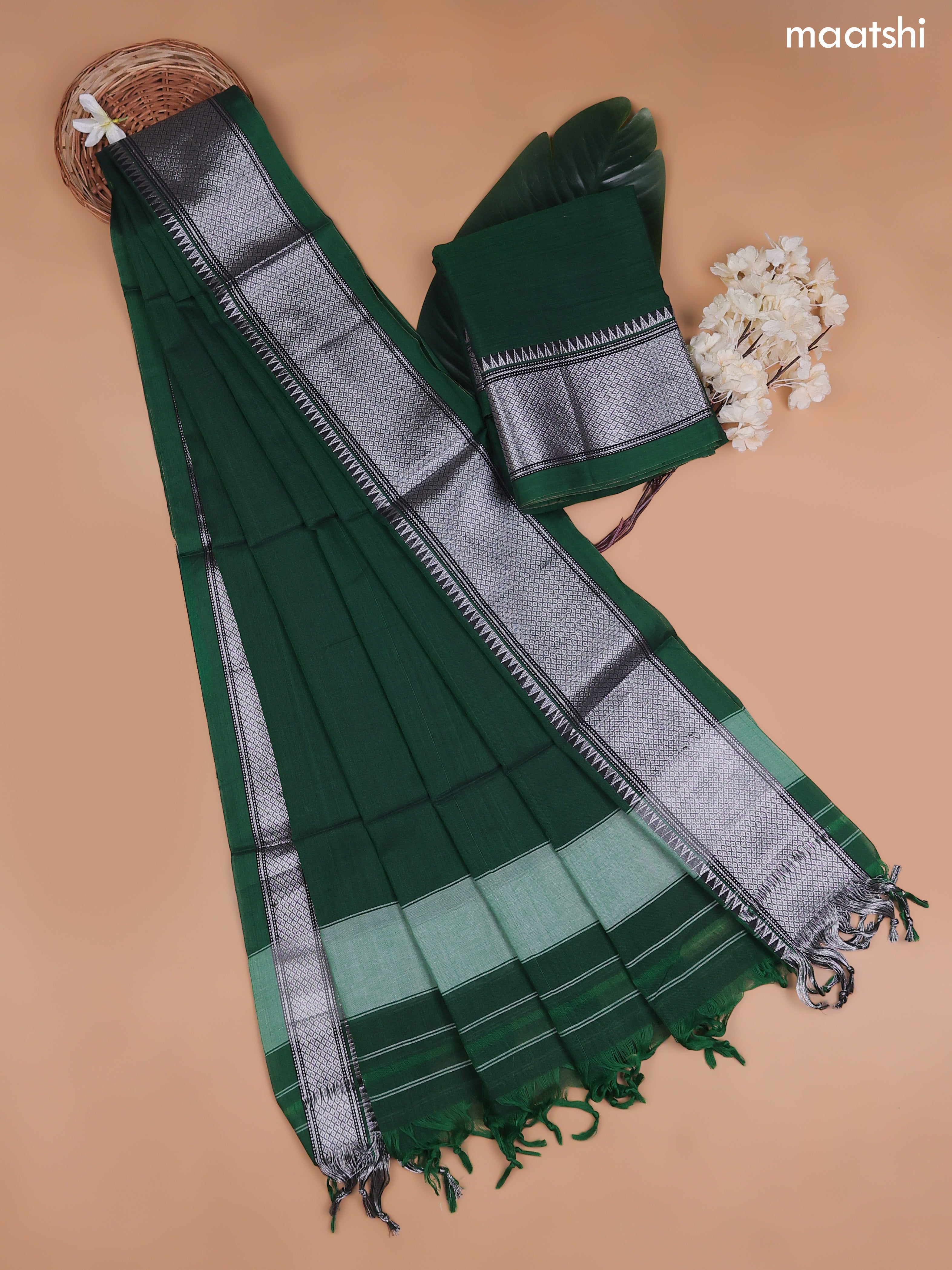 Green Narayanpet Cotton Dress Material With Silver Zari Woven Border and Running Bottom & Duppata