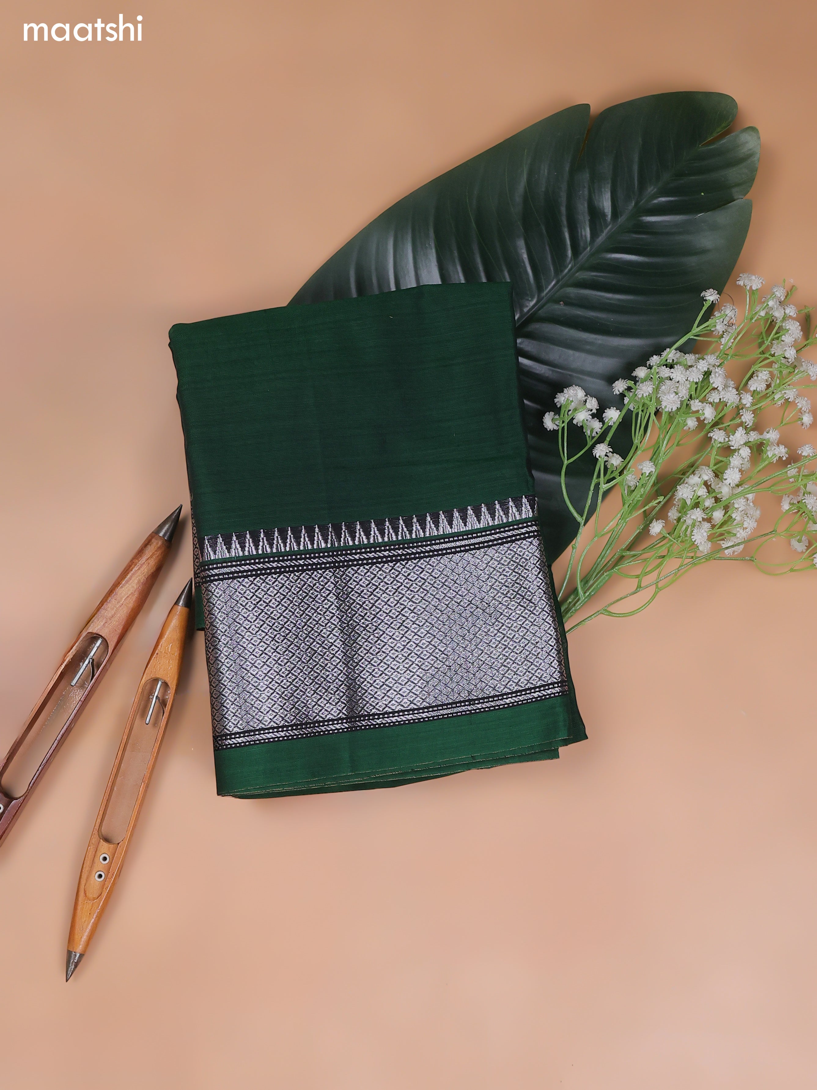 Green Narayanpet Cotton Dress Material With Silver Zari Woven Border and Running Bottom & Duppata