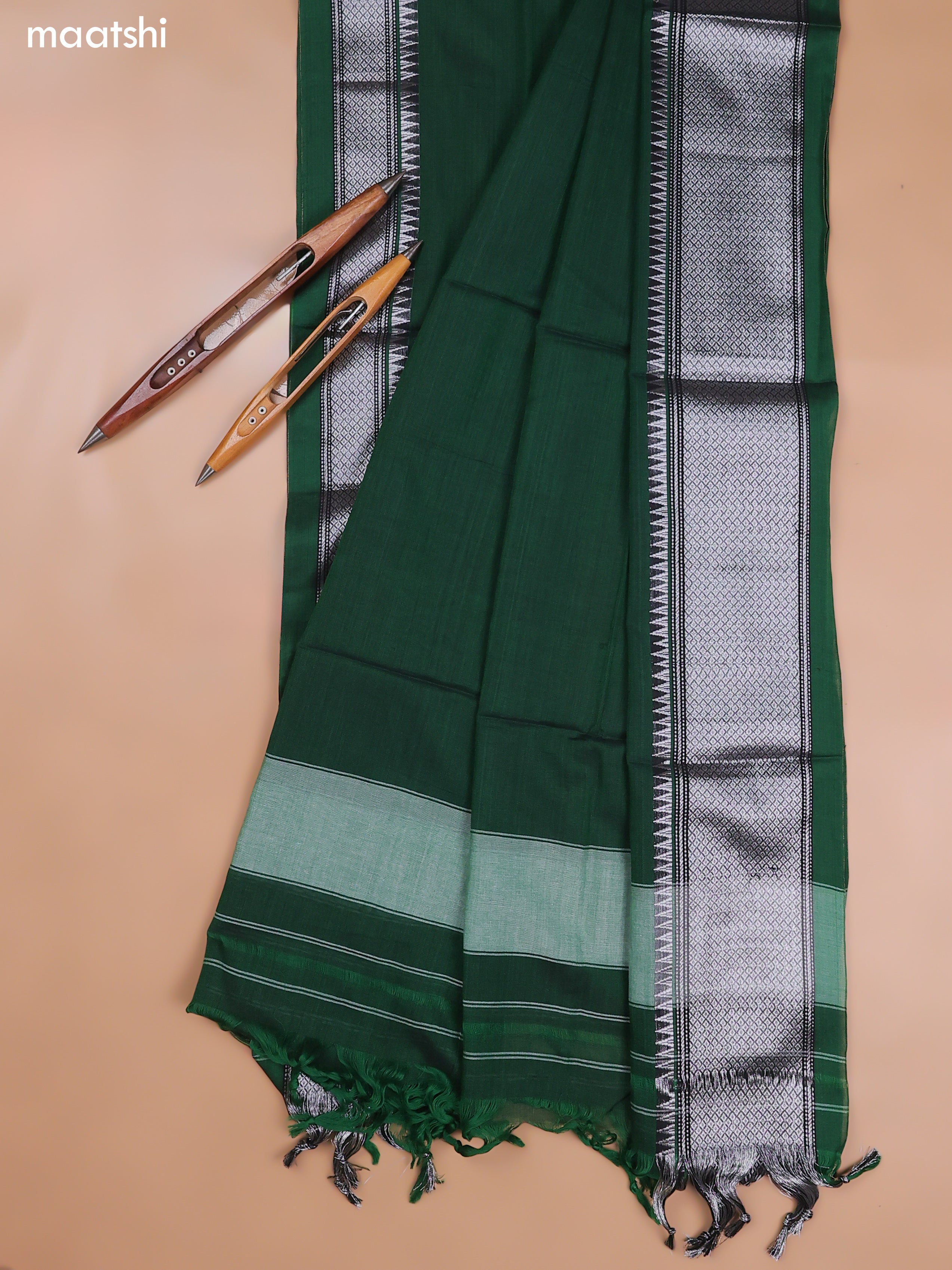 Green Narayanpet Cotton Dress Material With Silver Zari Woven Border and Running Bottom & Duppata