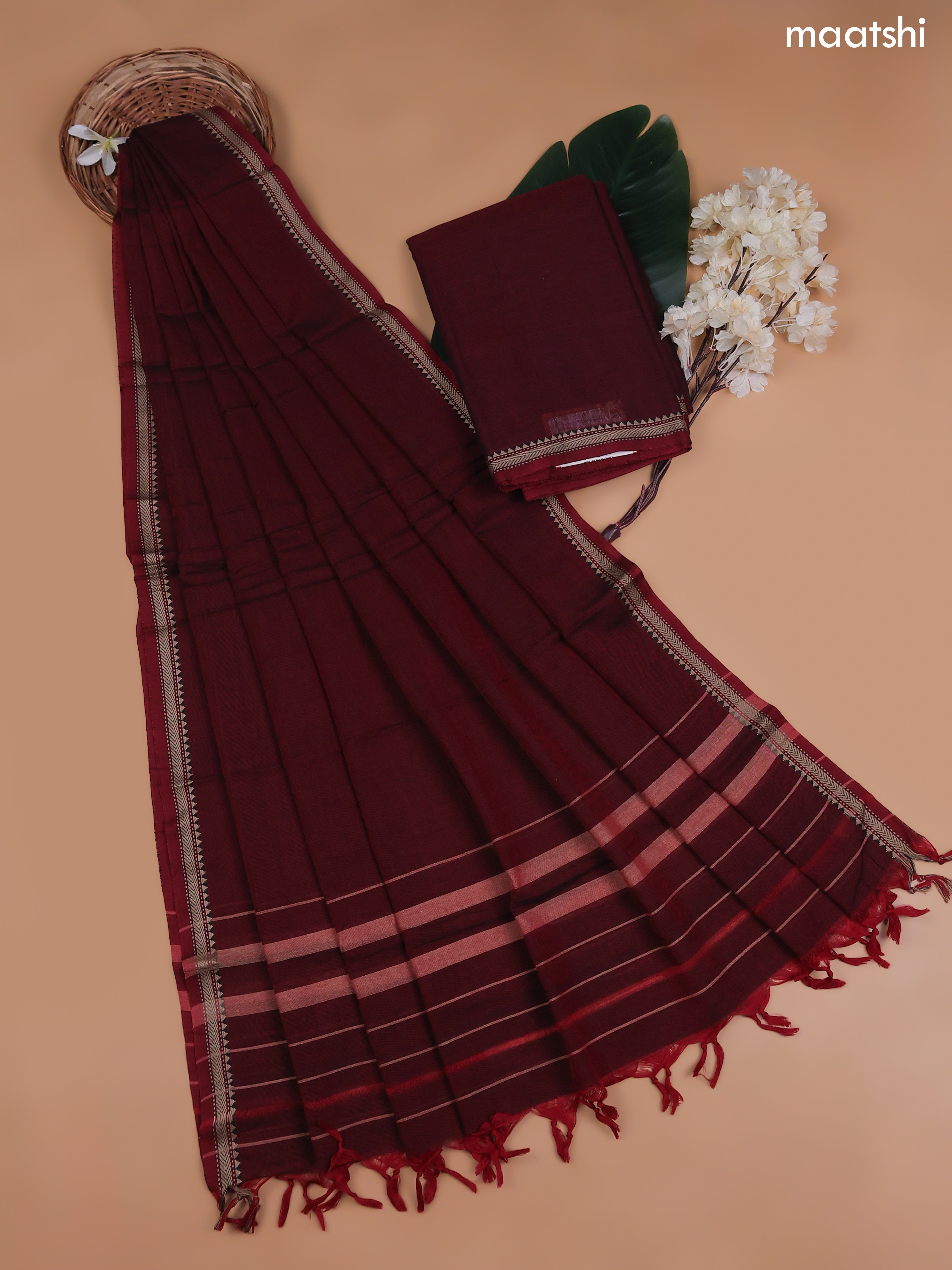Maroon Narayanpet Cotton Dress Material With Plain Body and Running Bottom & Duppata