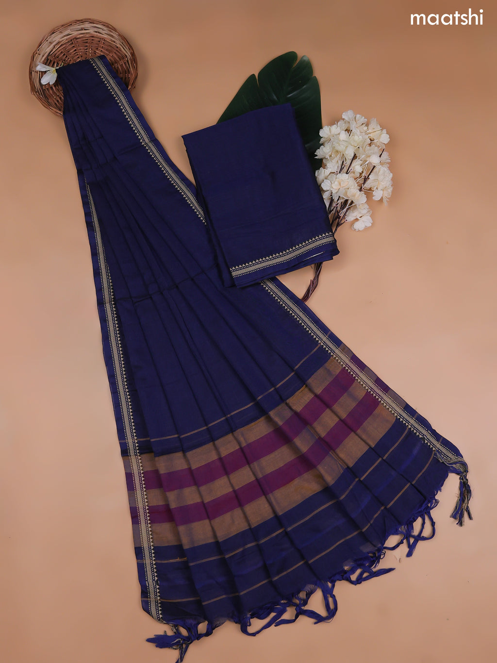 Navy Blue Narayanpet Cotton Dress Material With Plain Body and Running Bottom & Duppata