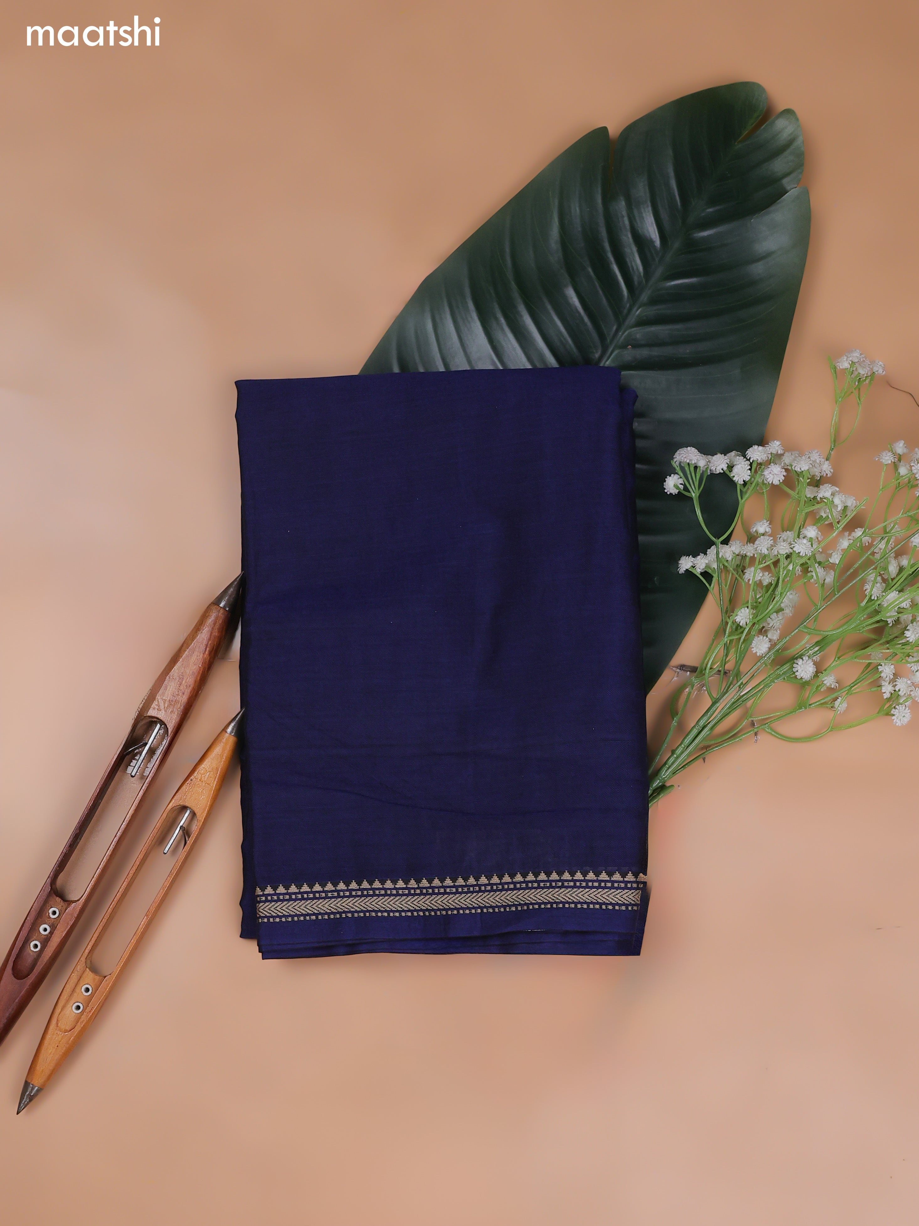 Navy Blue Narayanpet Cotton Dress Material With Plain Body and Running Bottom & Duppata