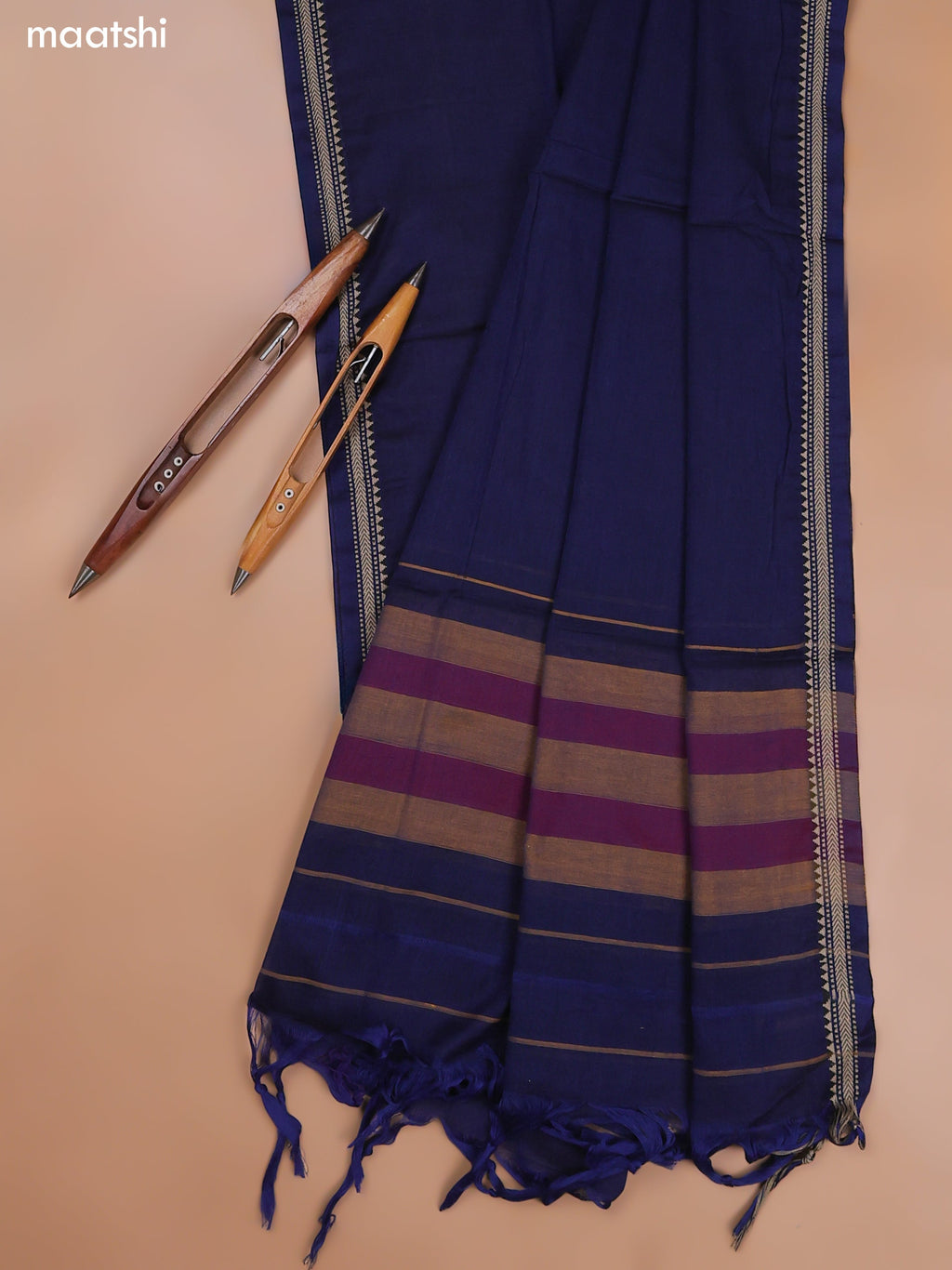 Navy Blue Narayanpet Cotton Dress Material With Plain Body and Running Bottom & Duppata