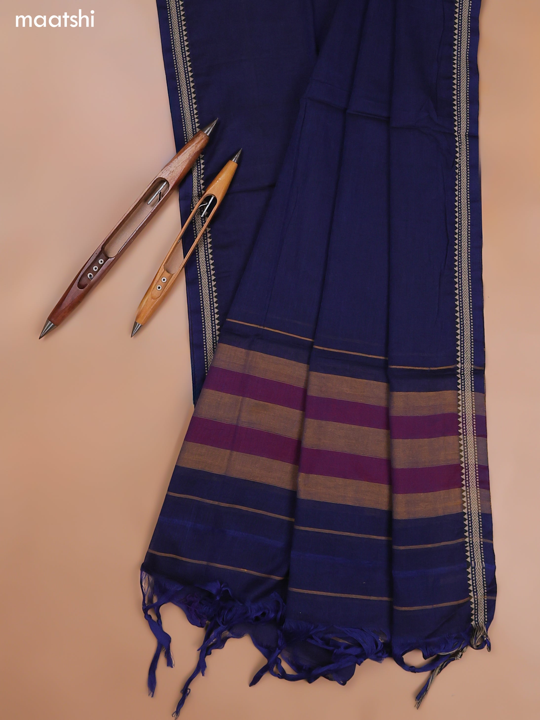 Navy Blue Narayanpet Cotton Dress Material With Plain Body and Running Bottom & Duppata