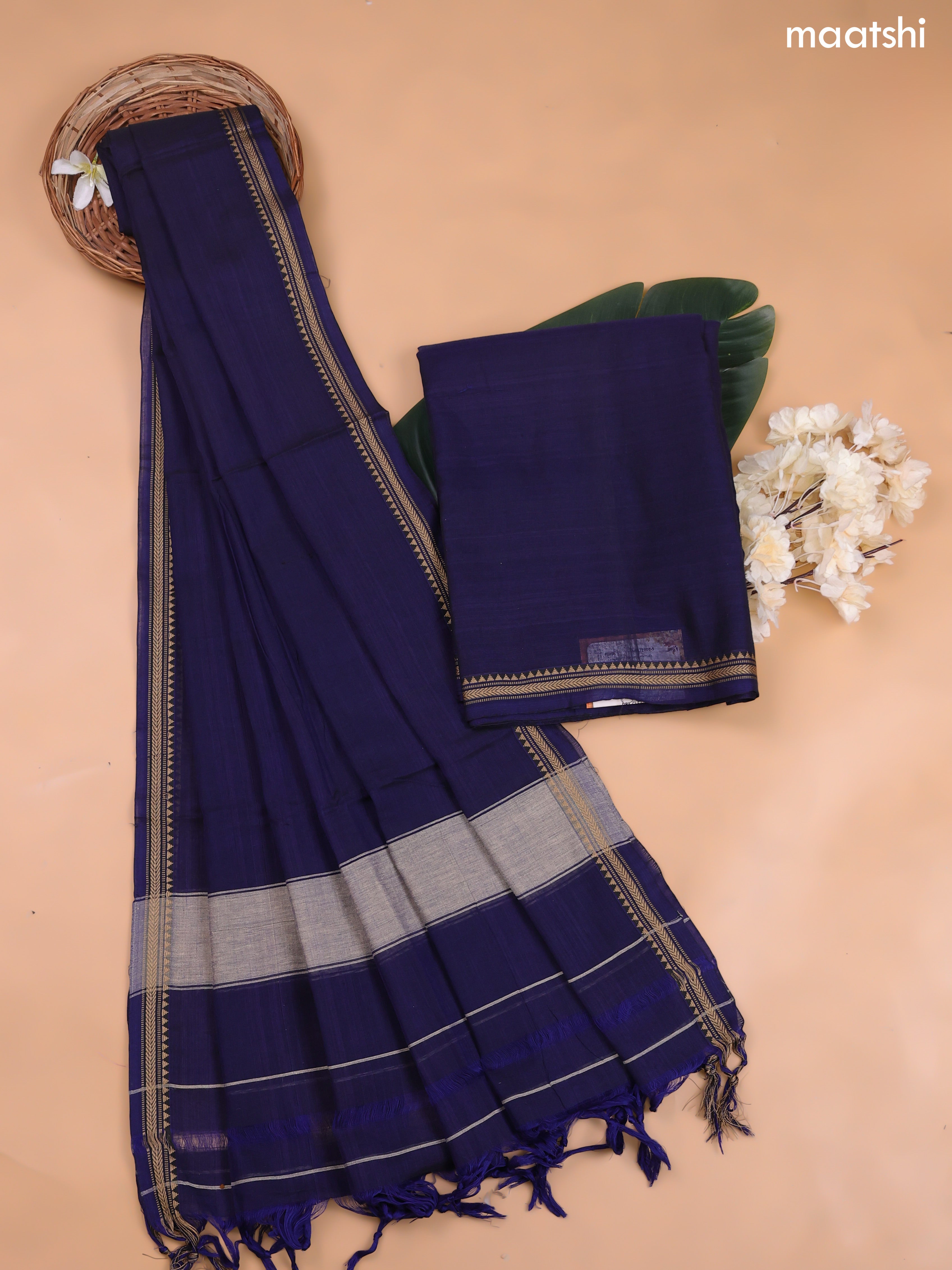 Navy Blue Narayanpet Cotton Dress Material With Plain Body and Running Bottom & Duppata