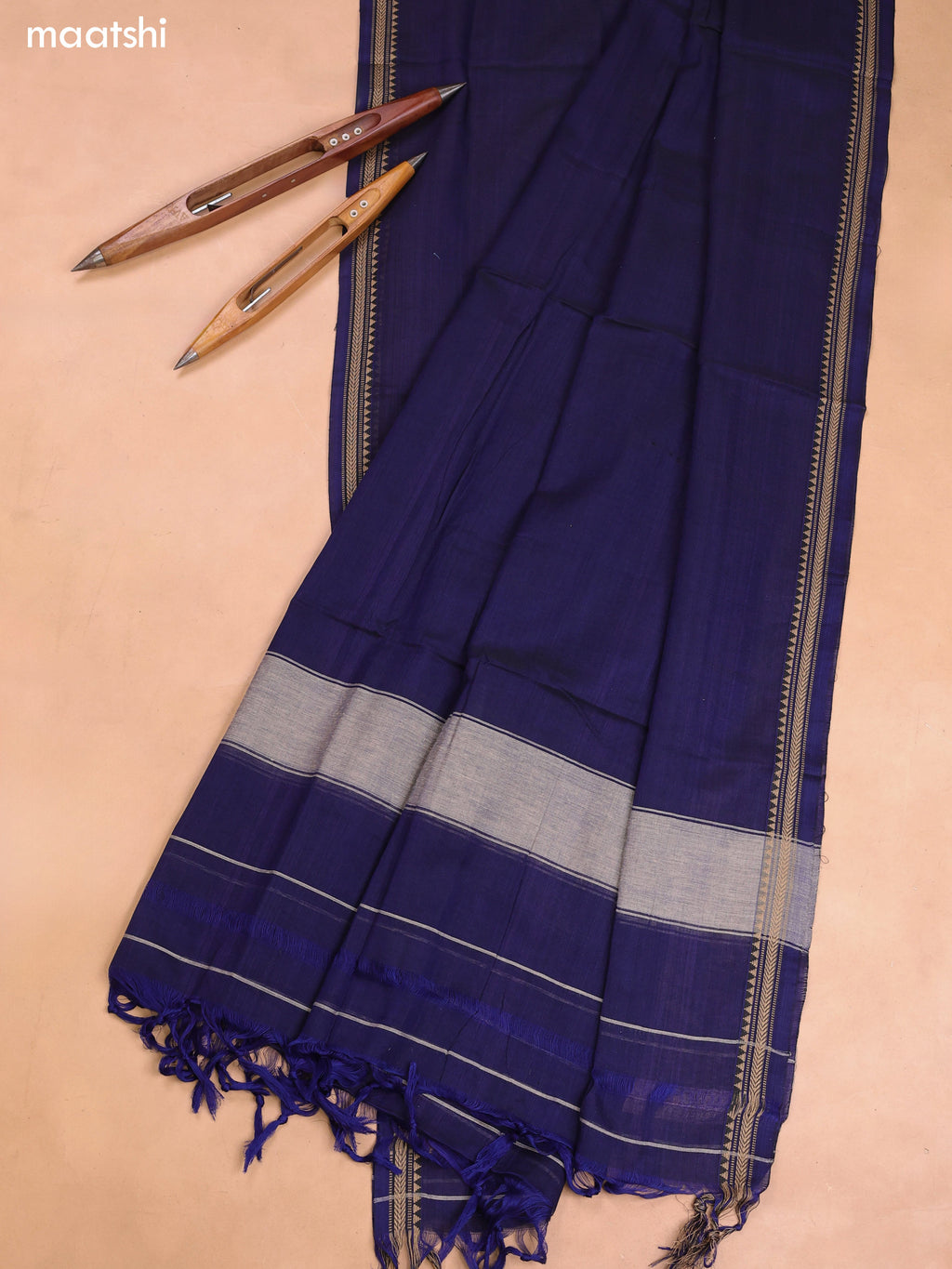 Navy Blue Narayanpet Cotton Dress Material With Plain Body and Running Bottom & Duppata