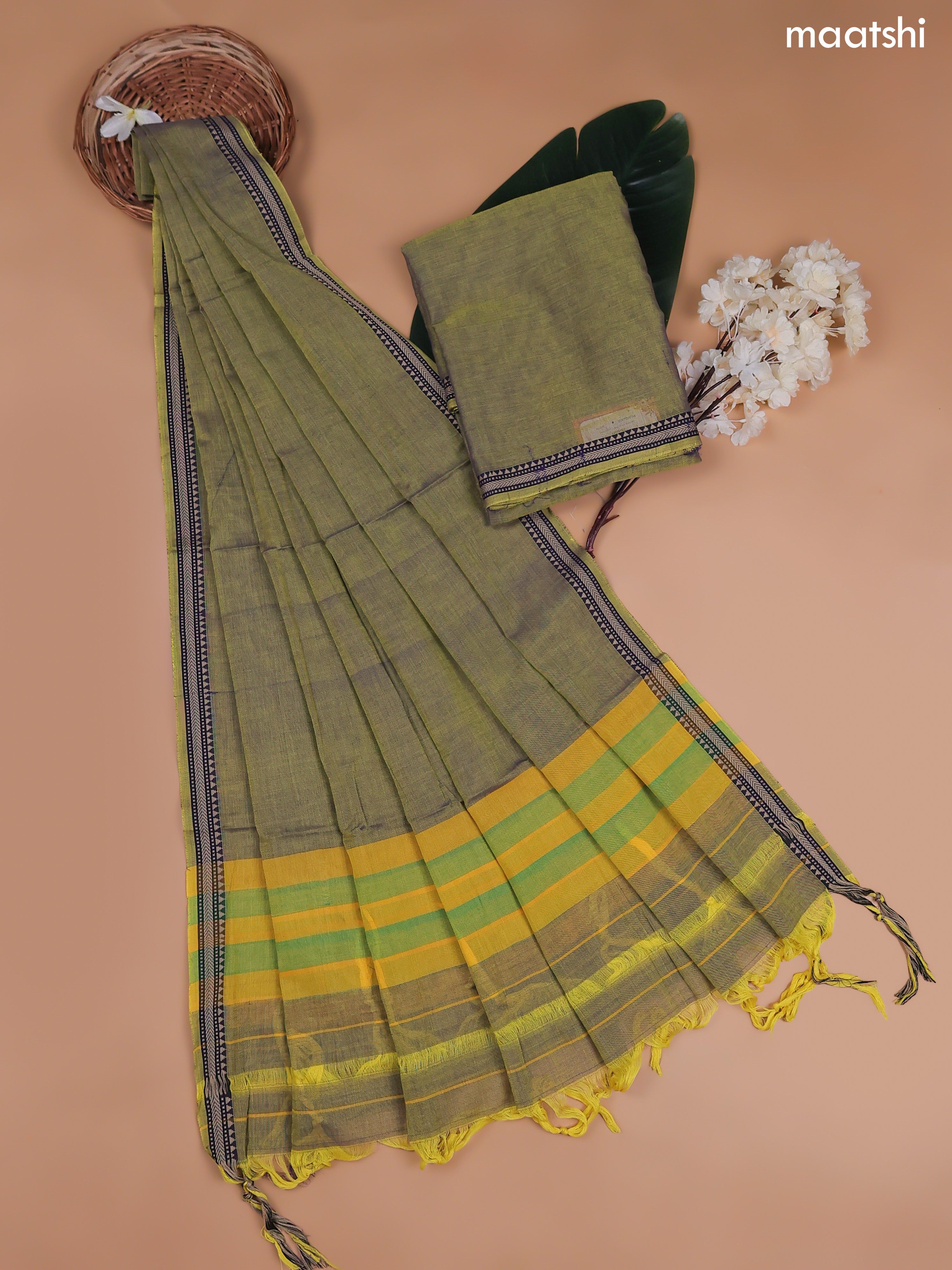 Greenish Yellow Narayanpet Cotton Dress Material With Plain Body and Running Bottom & Duppata