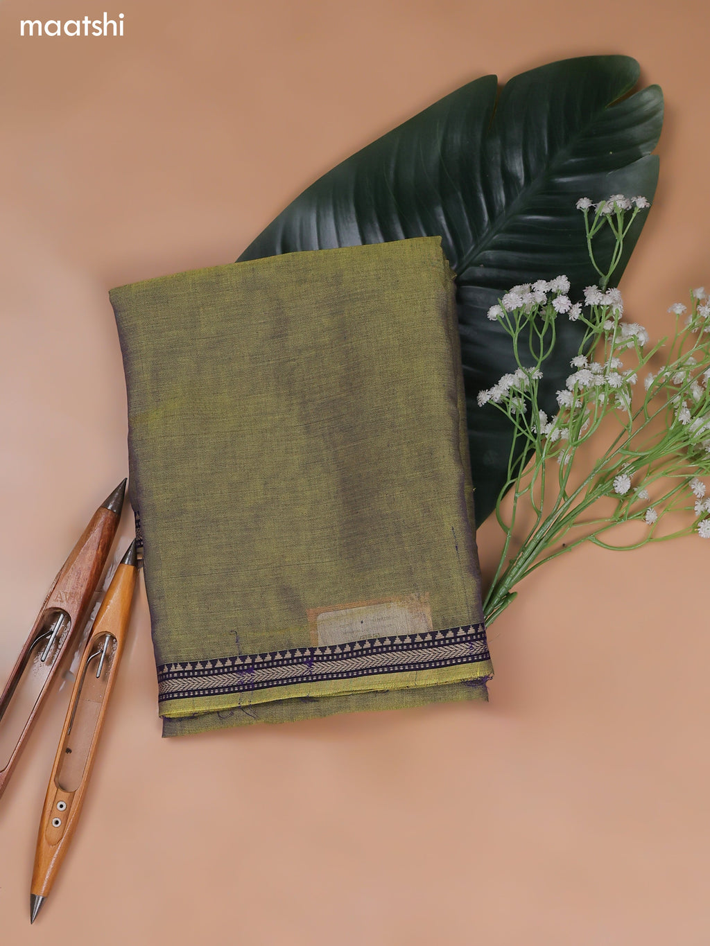 Greenish Yellow Narayanpet Cotton Dress Material With Plain Body and Running Bottom & Duppata