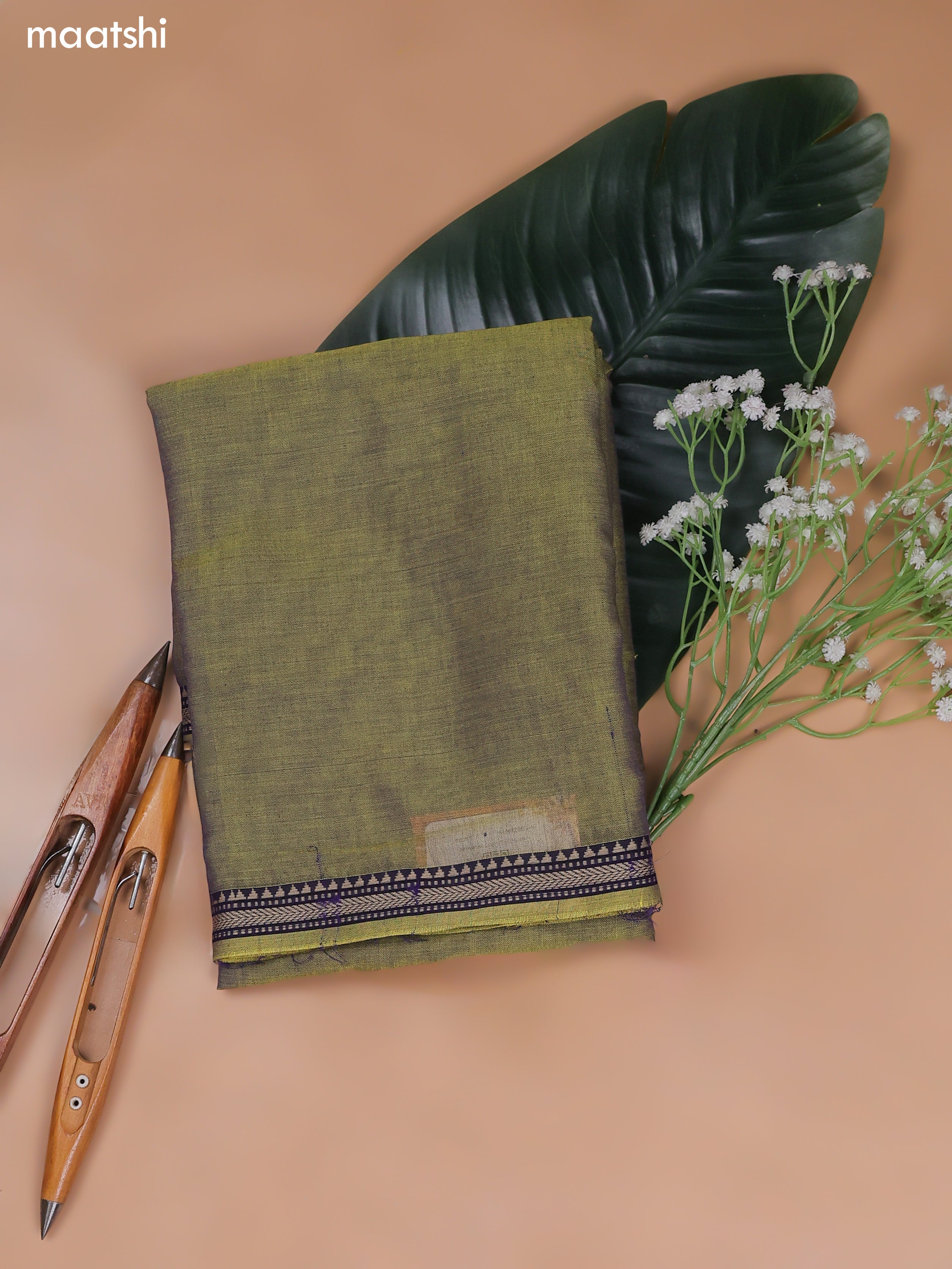 Greenish Yellow Narayanpet Cotton Dress Material With Plain Body and Running Bottom & Duppata