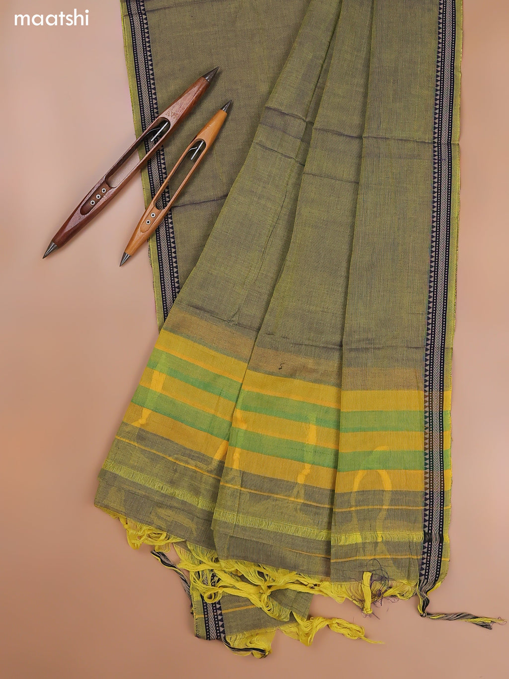 Greenish Yellow Narayanpet Cotton Dress Material With Plain Body and Running Bottom & Duppata